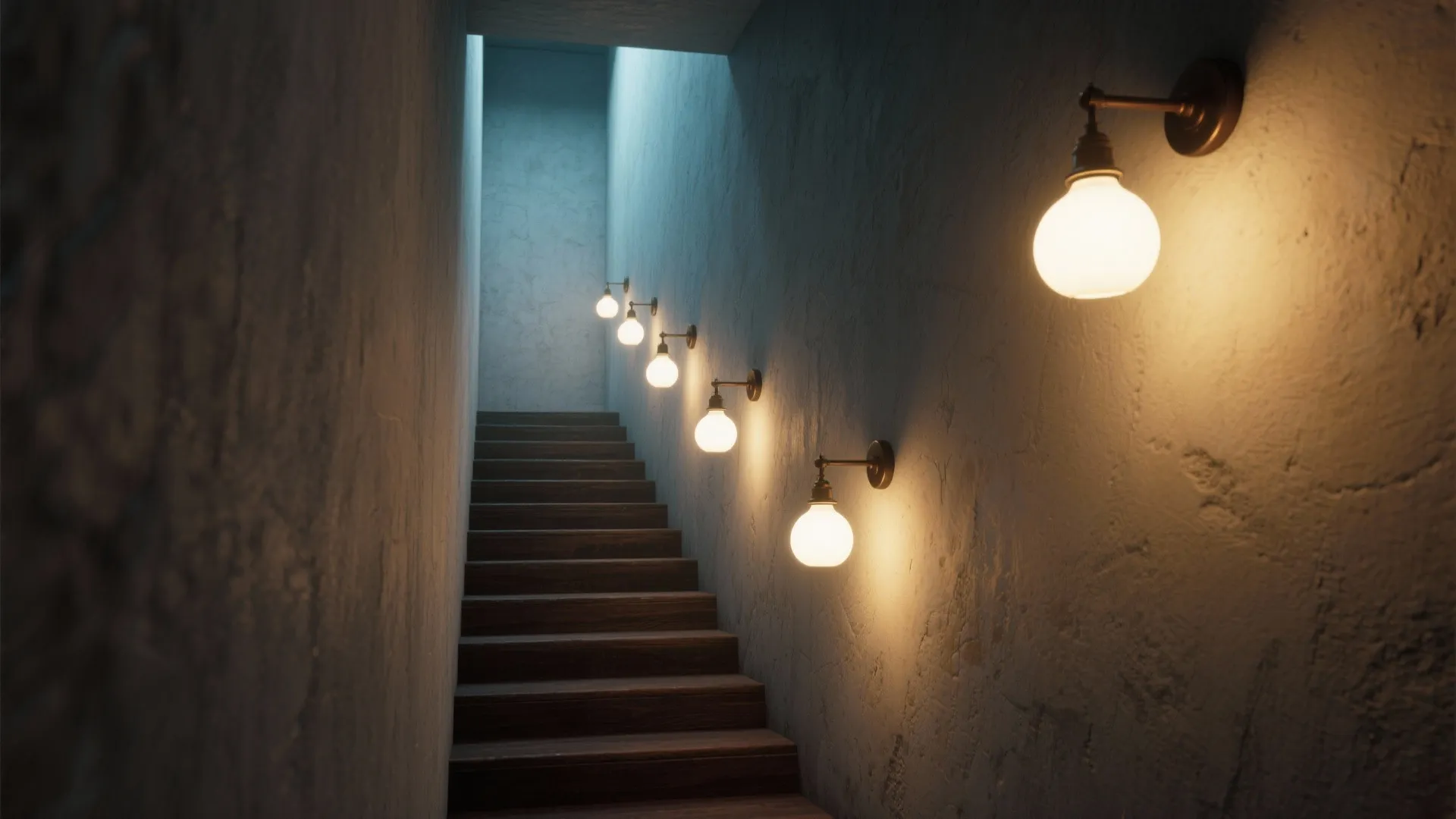 Narrow staircase illuminated by a staggered row of wall bracket pendants, creating visual guidance and drama.