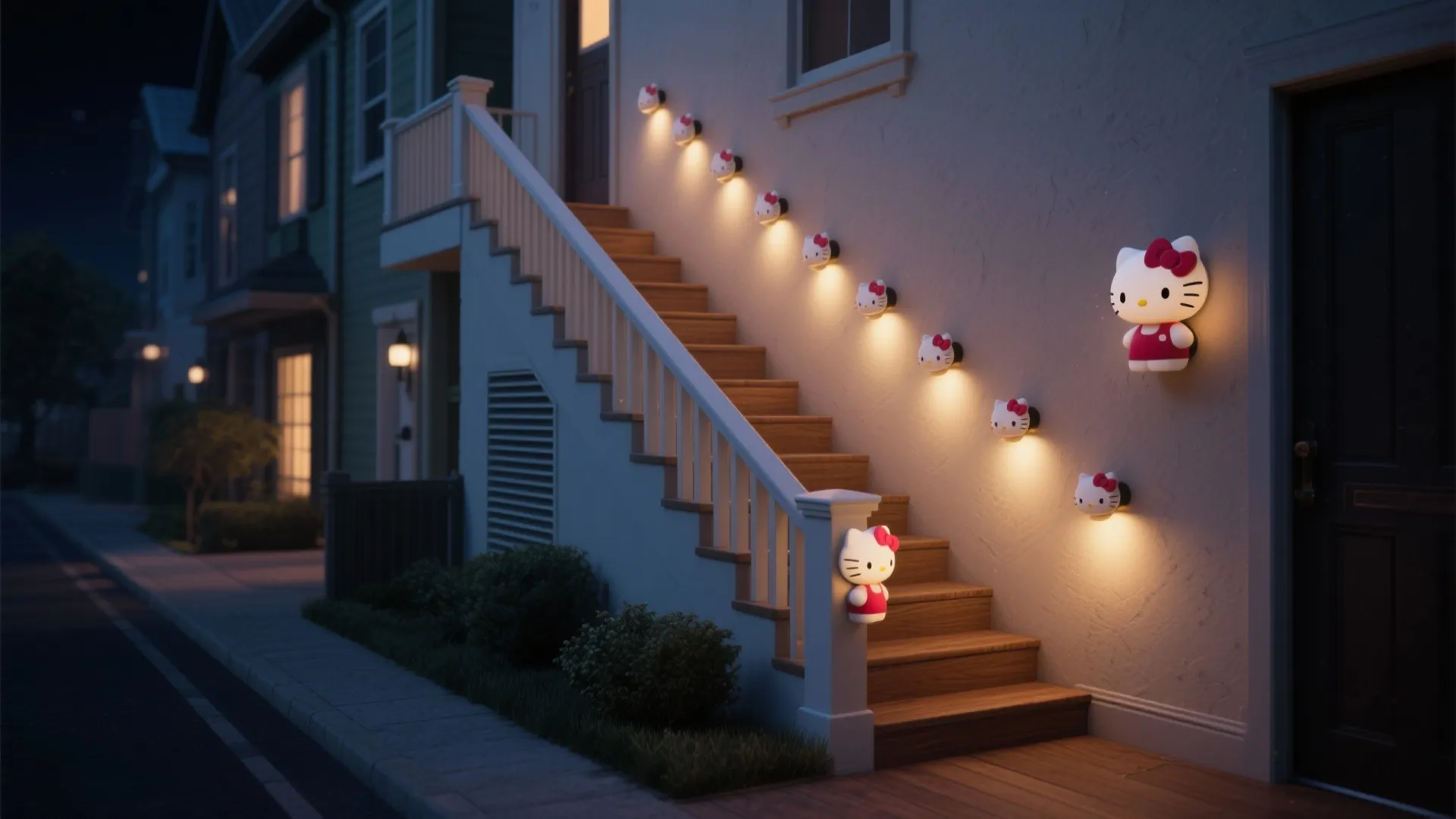 Outdoor wooden staircase featuring many cute cat wall lights on a white wall at night