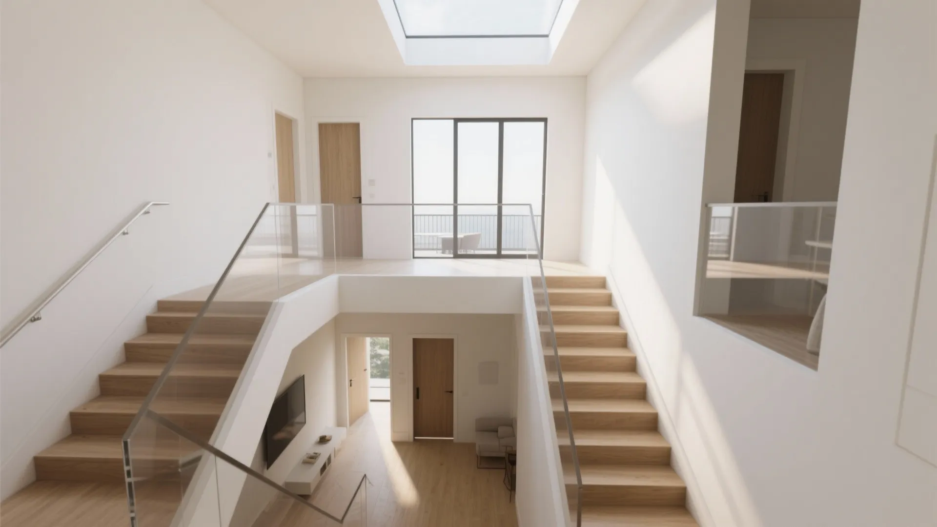 Modern white home interior with wooden stairs glass railings roof window and bright natural light