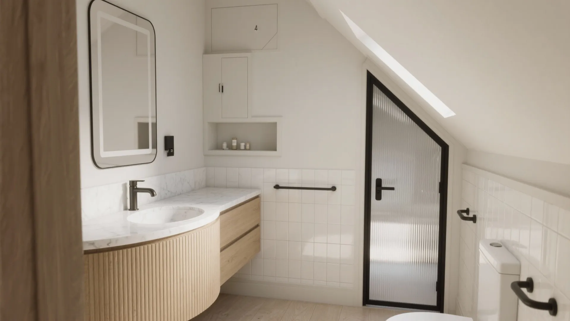 Modern attic bathroom with curved wooden vanity marble sink lighted mirror glass door and white tiles