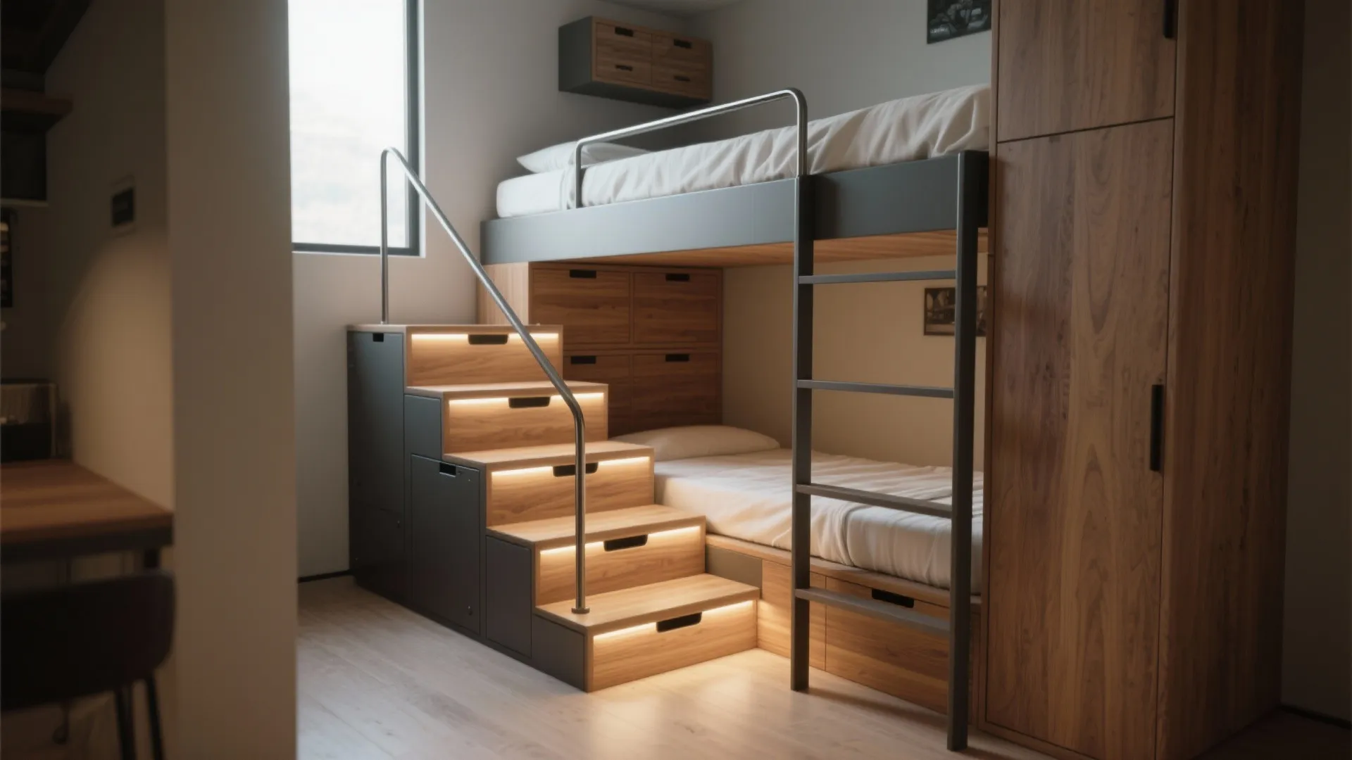 Modern wooden bunk bed with lit storage stairs and large cabinet in a small bedroom