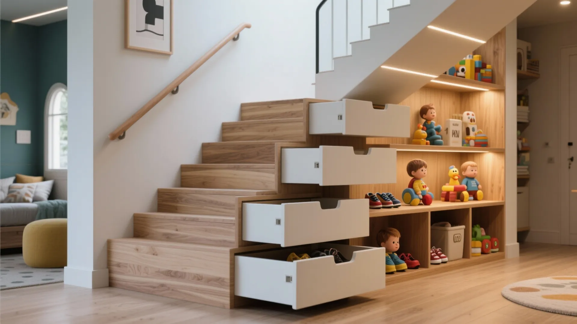 Wooden stairs with built-in storage drawers and shelves filled with toys in a modern home