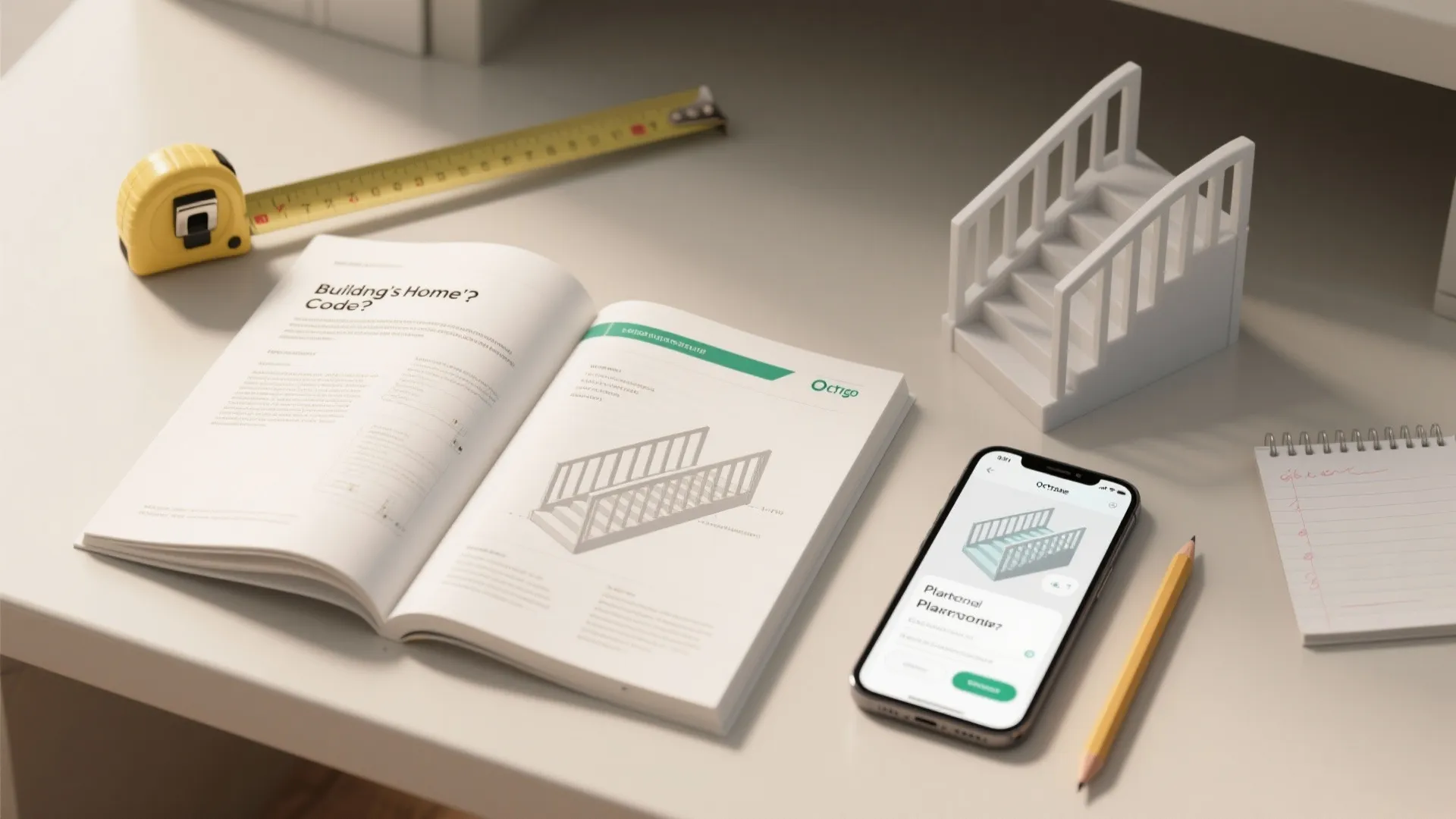 Flatlay of stair FAQ items: building code booklet, measuring tape, 3D stair model and smartphone with planner app.