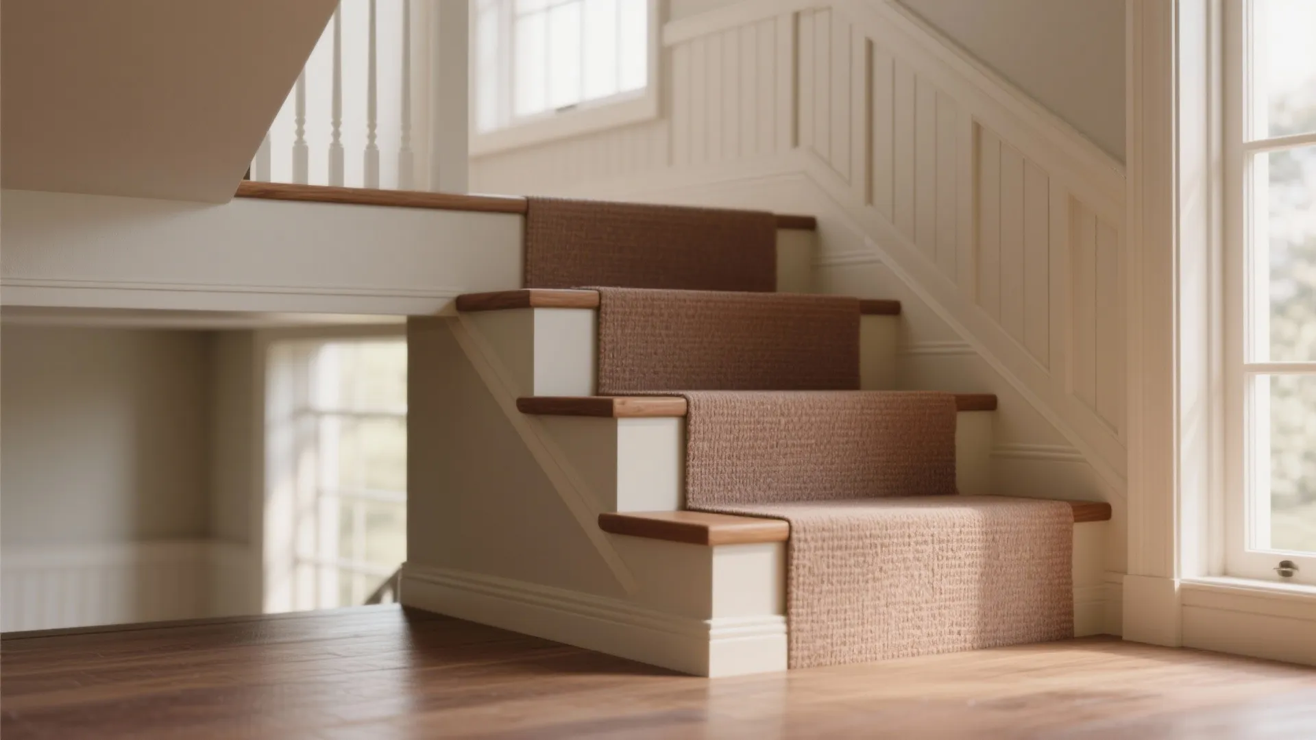 Wooden indoor stairs featuring a brown carpet runner and white wall panels under bright light