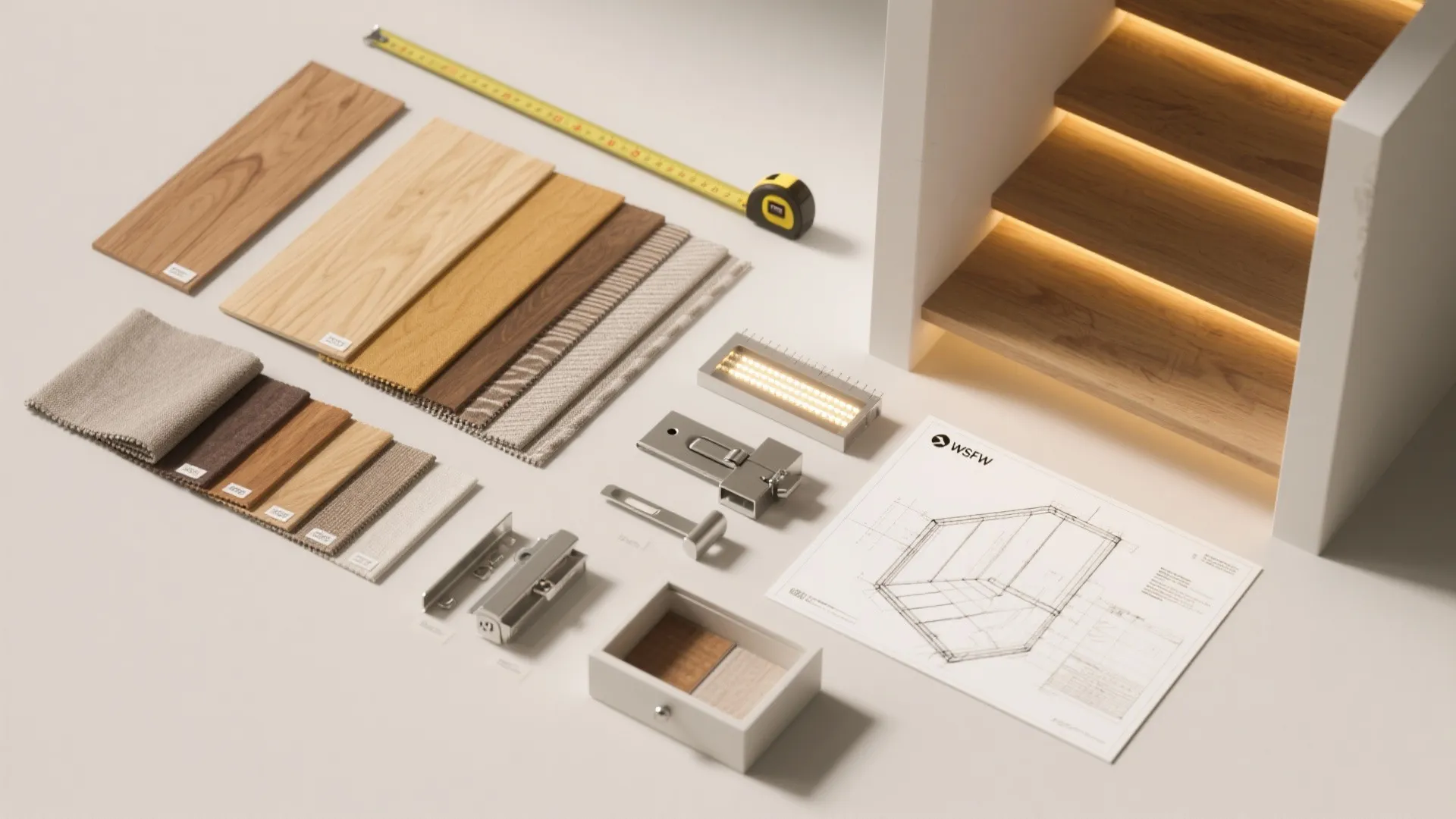 Top-down flatlay showing wood and fabric swatches, LED samples, hardware and a small floorplan sketch for planning stair solutions.