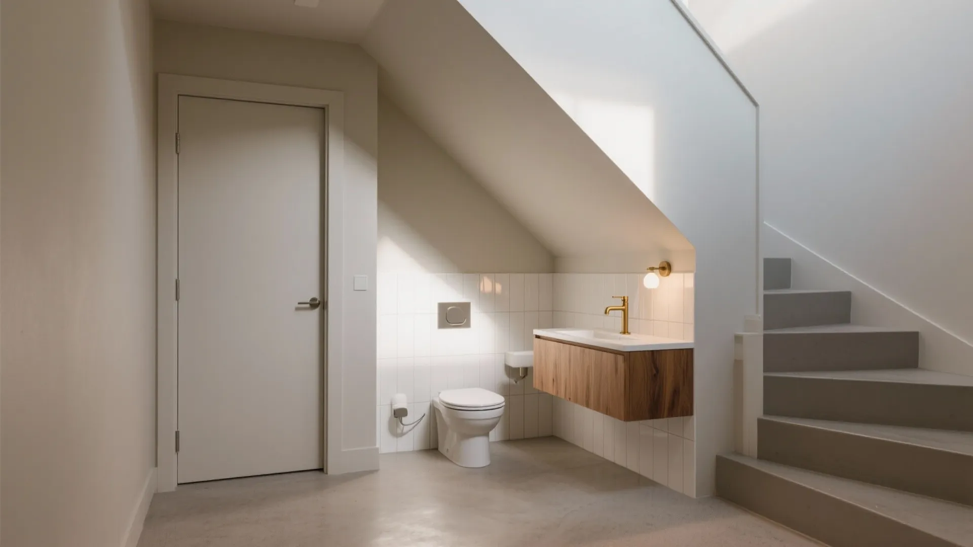 Small bathroom under stairs with white toilet wooden cabinet gold tap white tiles and grey floor