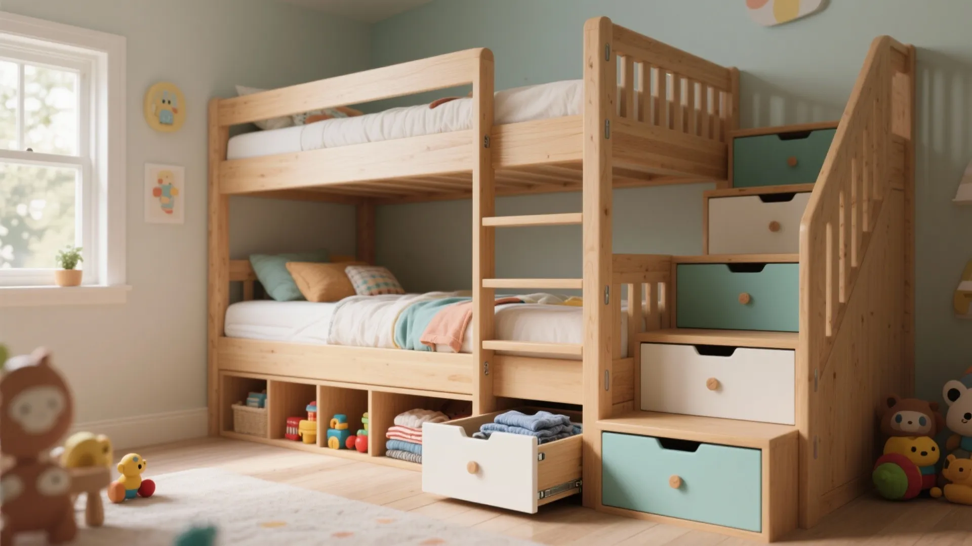 Child bedroom featuring a wooden bunk bed with stairs that have built-in colorful storage drawers