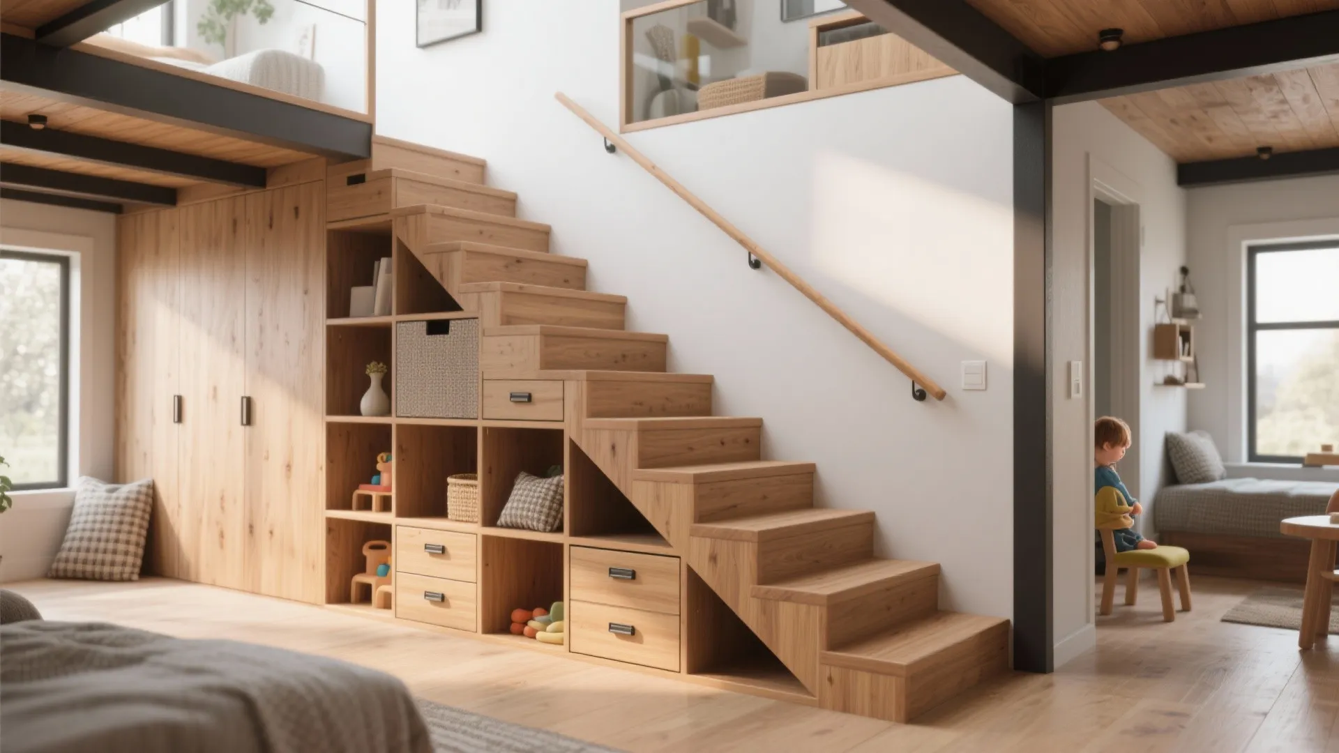 3. Split-Level Loft with Stairs That Double as Storage