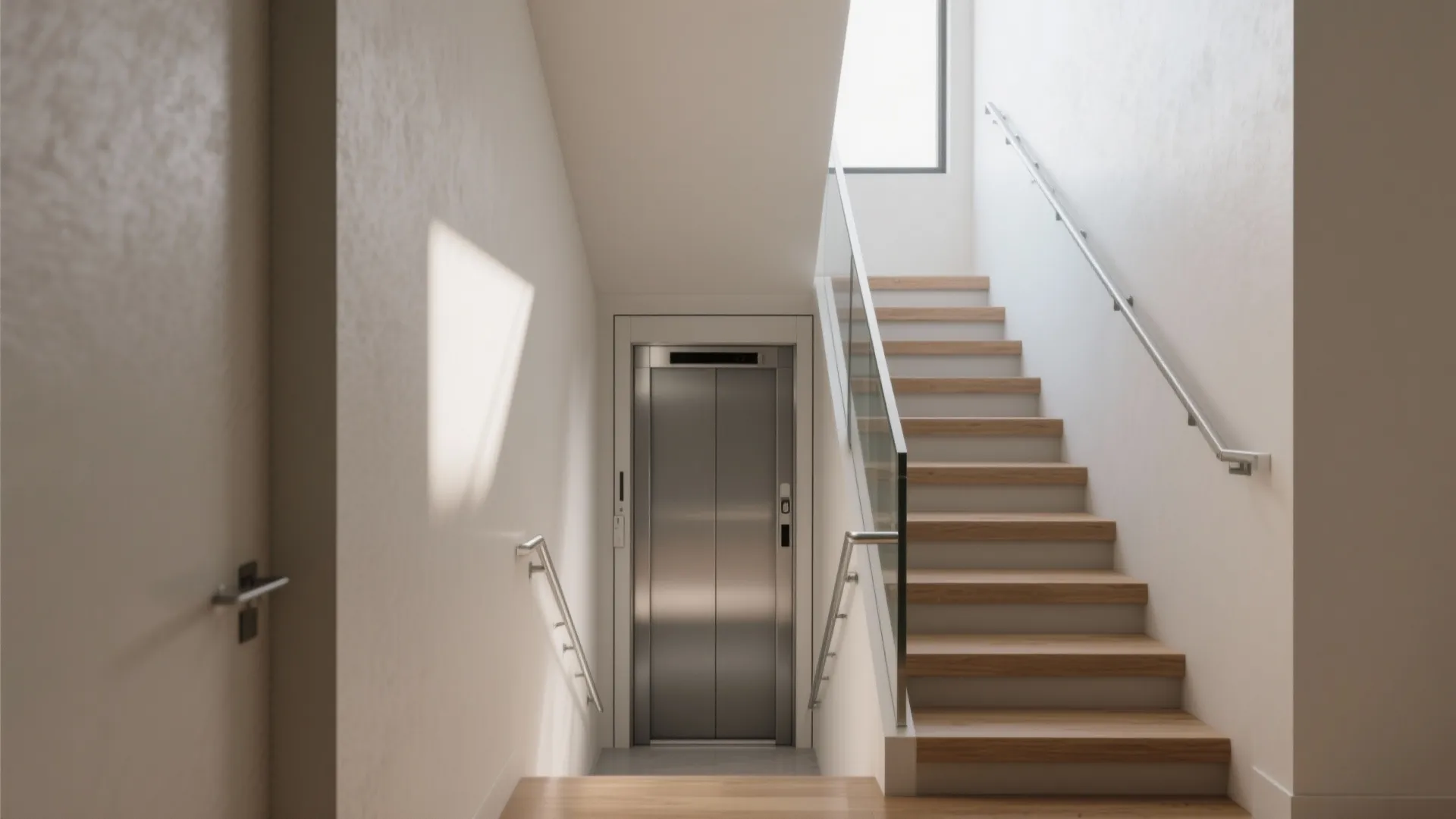 Modern home elevator installed next to wooden stairs with glass handrail and bright natural lighting