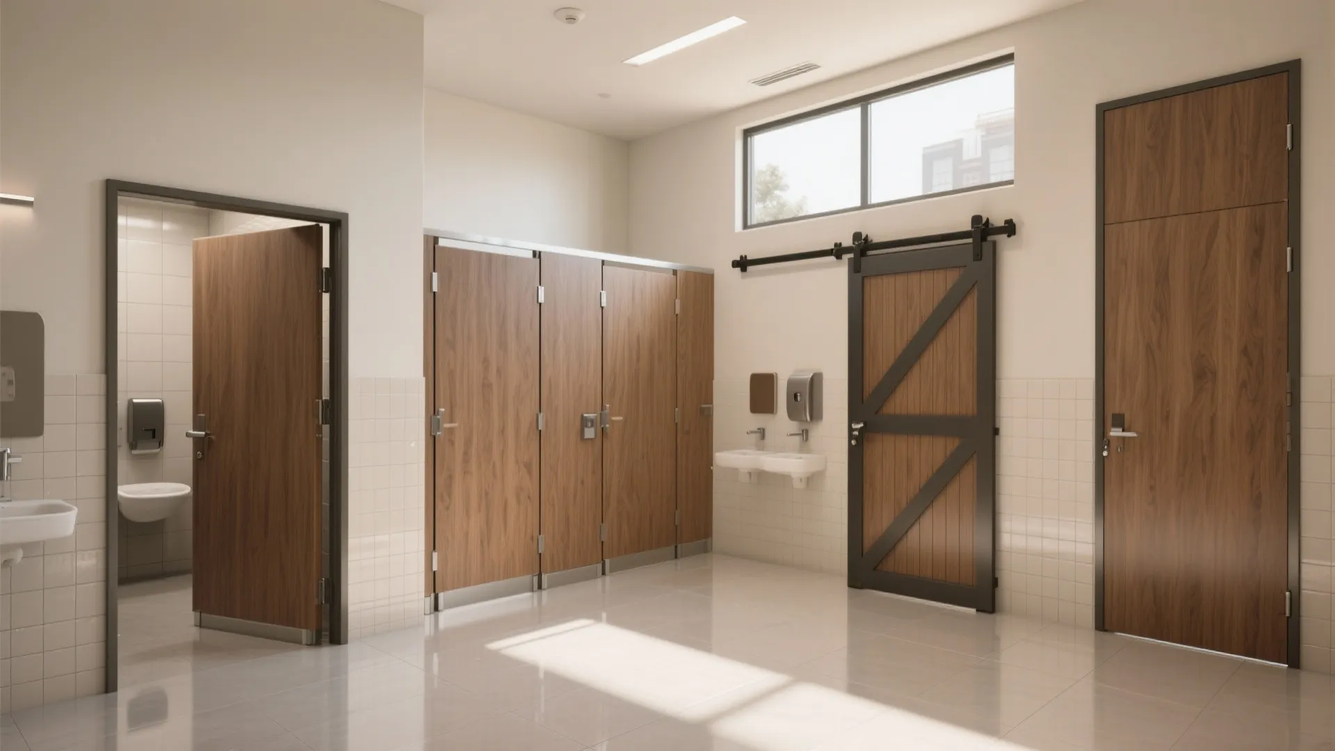 Public bathroom interior design with wood grain toilet stalls sliding barn door and white sinks