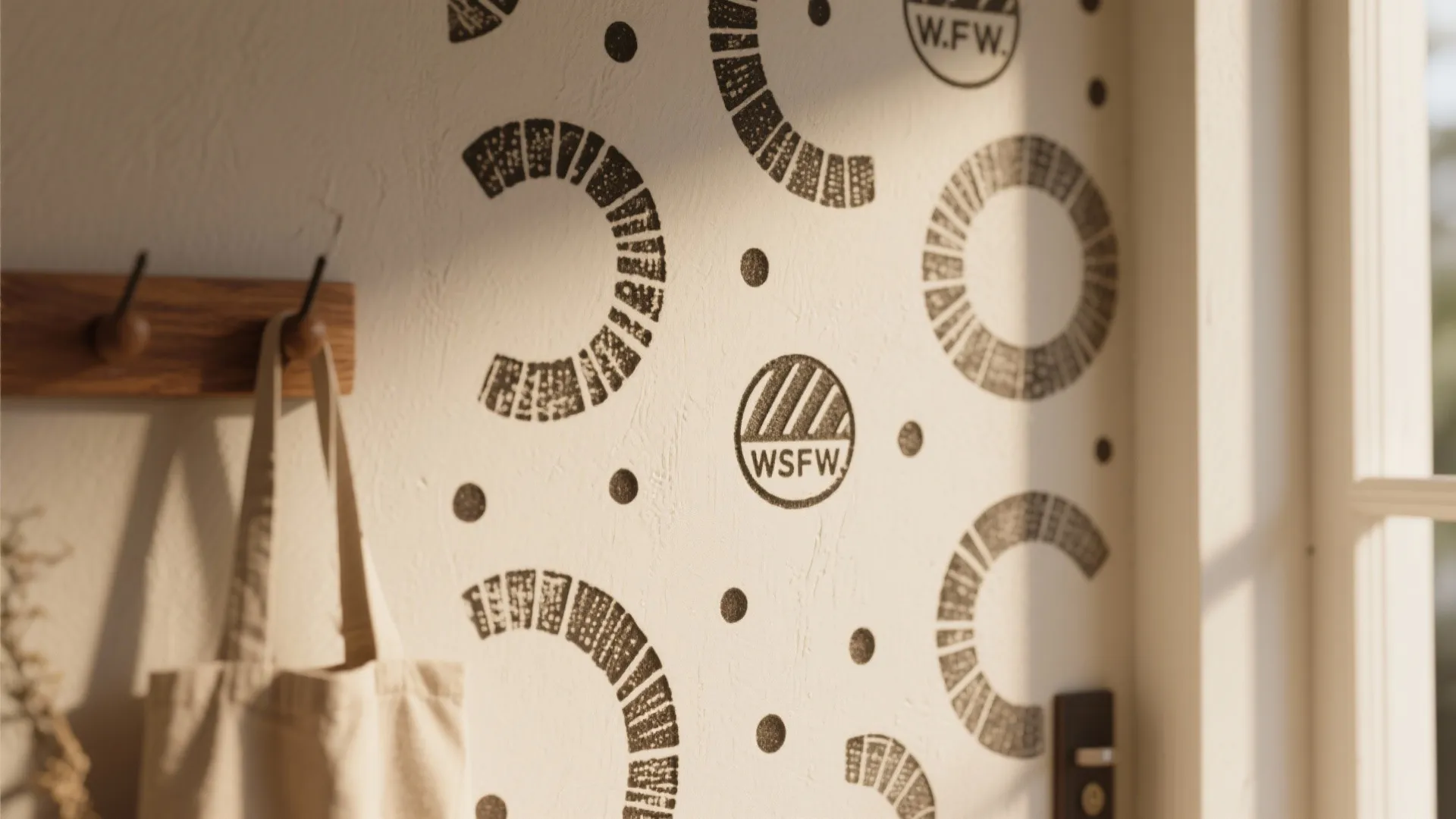 White wall with black geometric circular pattern stamps next to a wooden hook and bag