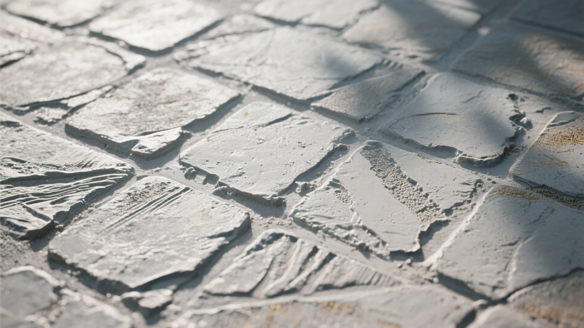 Close-up of grey stamped concrete floor tiles showing rough natural stone texture in bright daylight