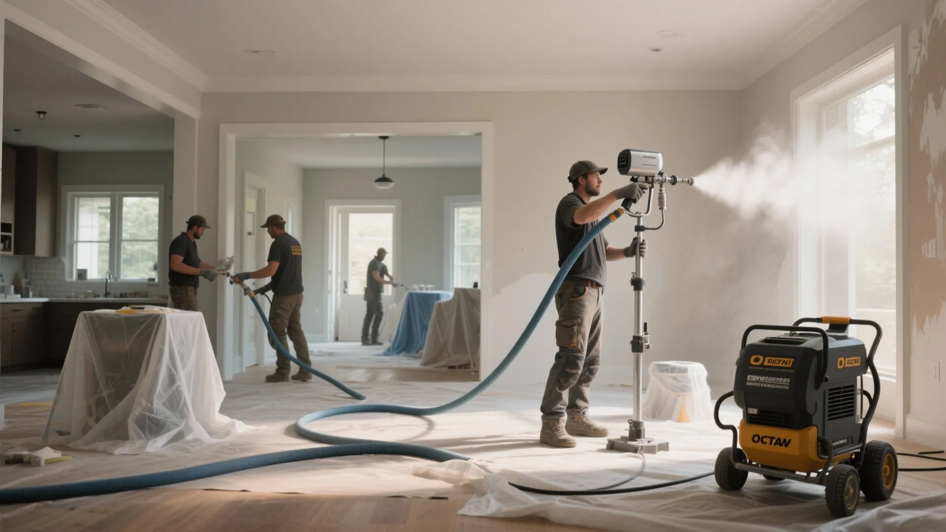 Stand-mounted airless sprayer in use by a professional crew covering large open-plan areas efficiently.