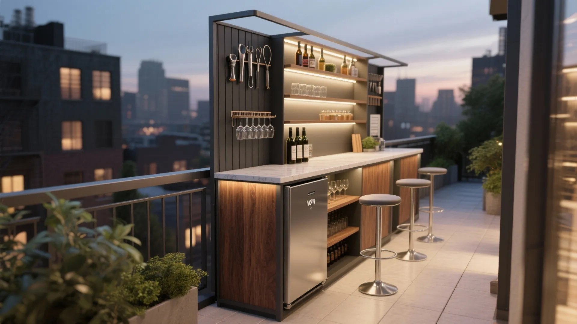 Standing balcony bar with vertical shelving, stemware rack, hooks, and warm LED lighting.