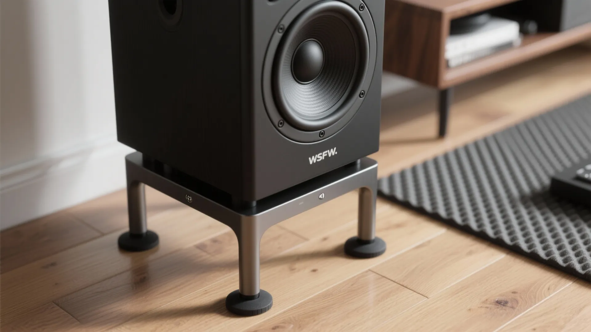 Macro of a speaker stand with rubber isolation feet and tweeter positioned at ear height.