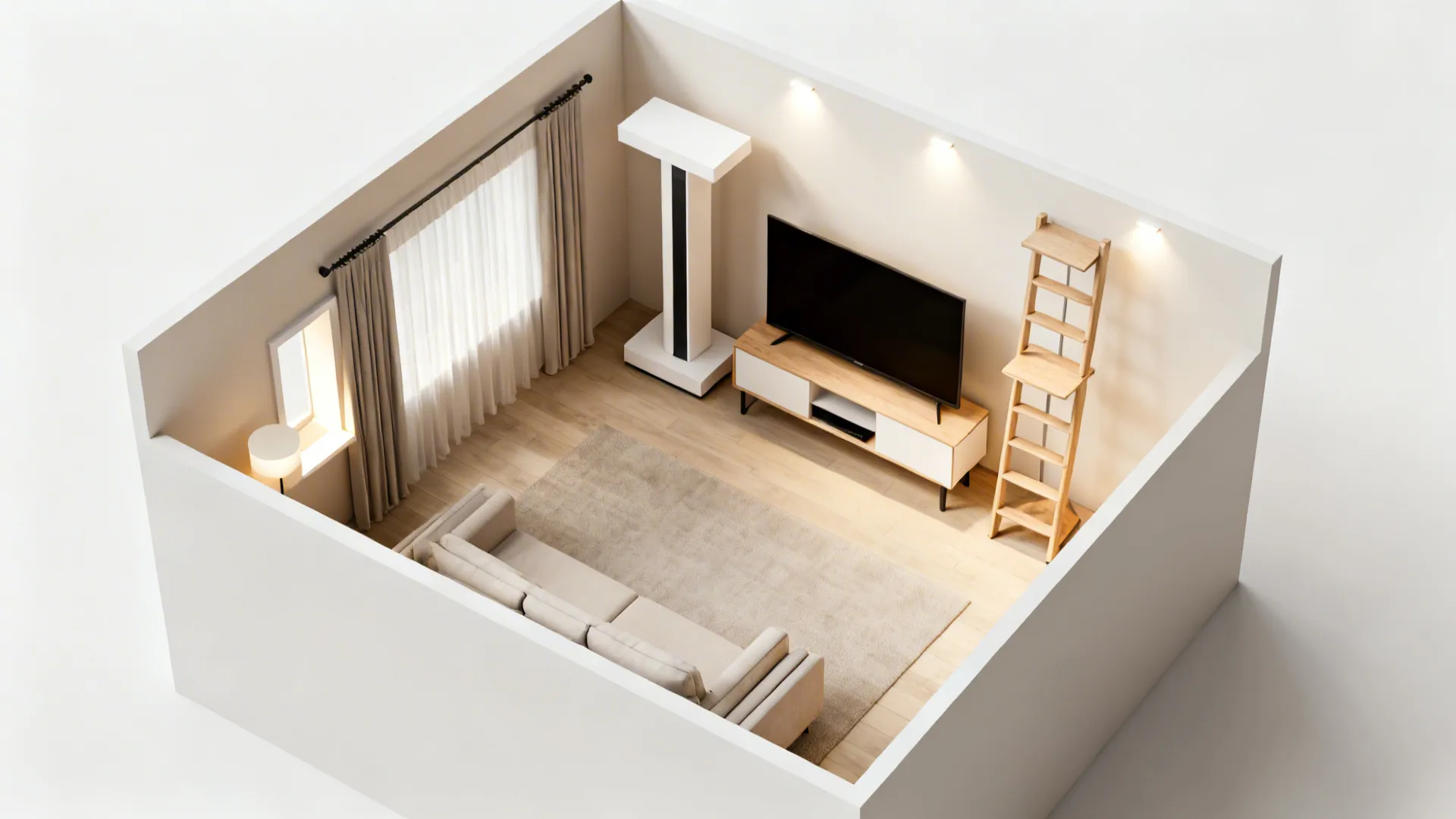 Top-down layout showing different tall TV stand options in a small apartment