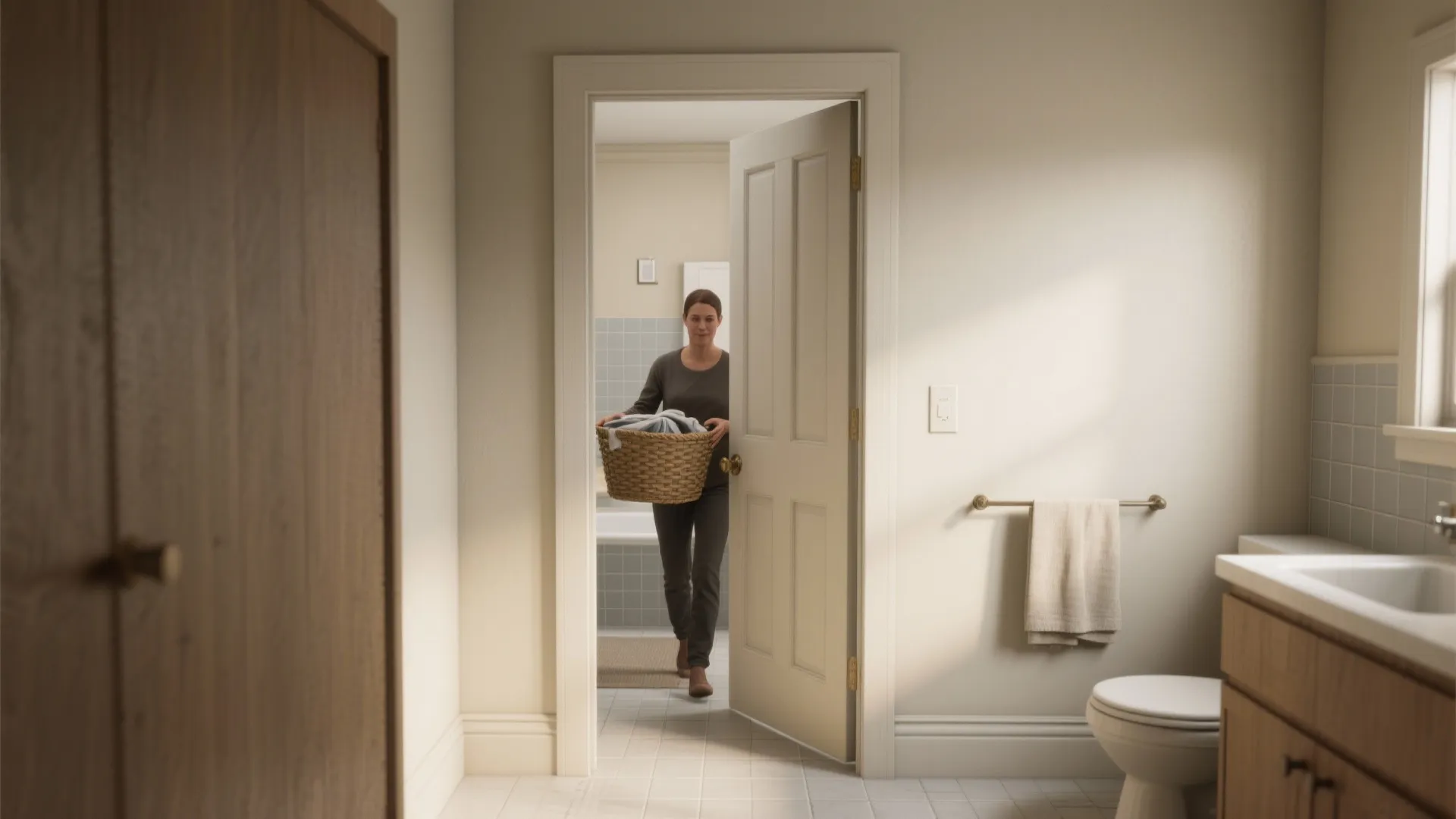 An adult carries a laundry basket through a 30-inch bathroom doorway showing comfortable clearance.