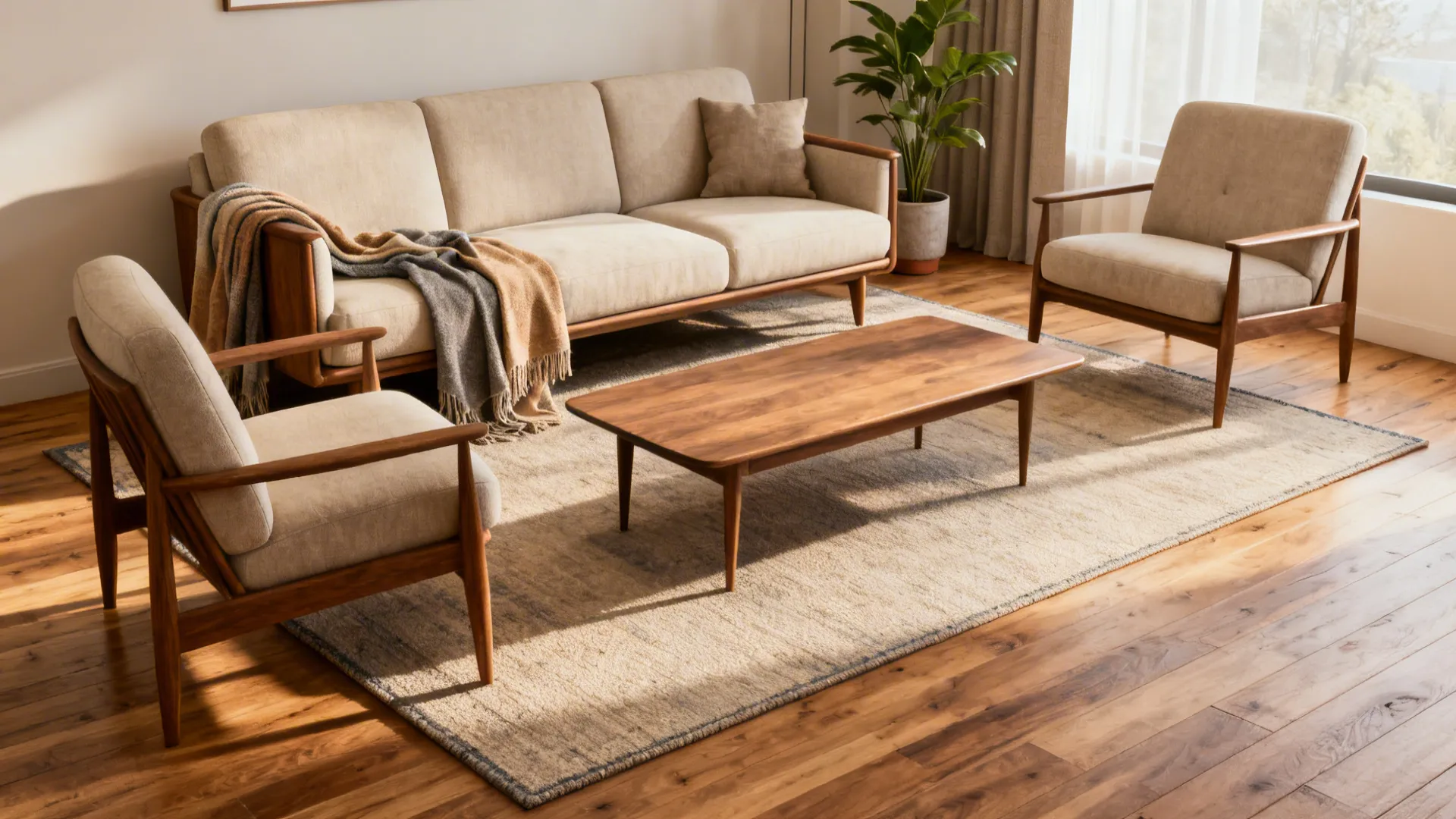 Standard living room with an 8x10 rug centering the sofa and coffee table with visible floor border.