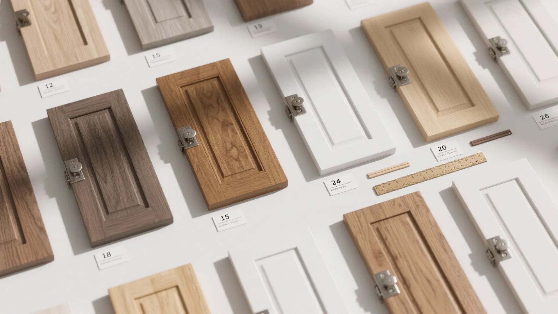Top-down view of base cabinet door samples with labels and measurement tools.