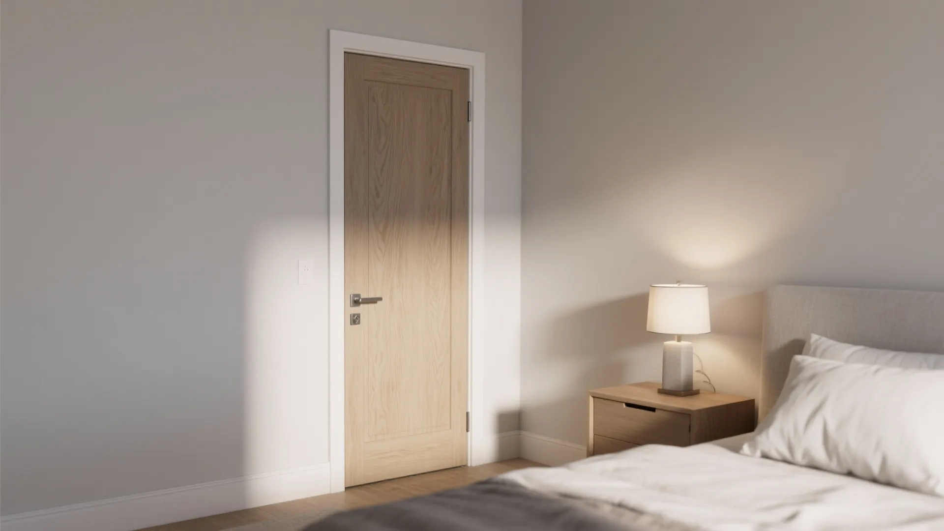 Modern bedroom featuring a light wood door next to a small cabinet and bed lamp