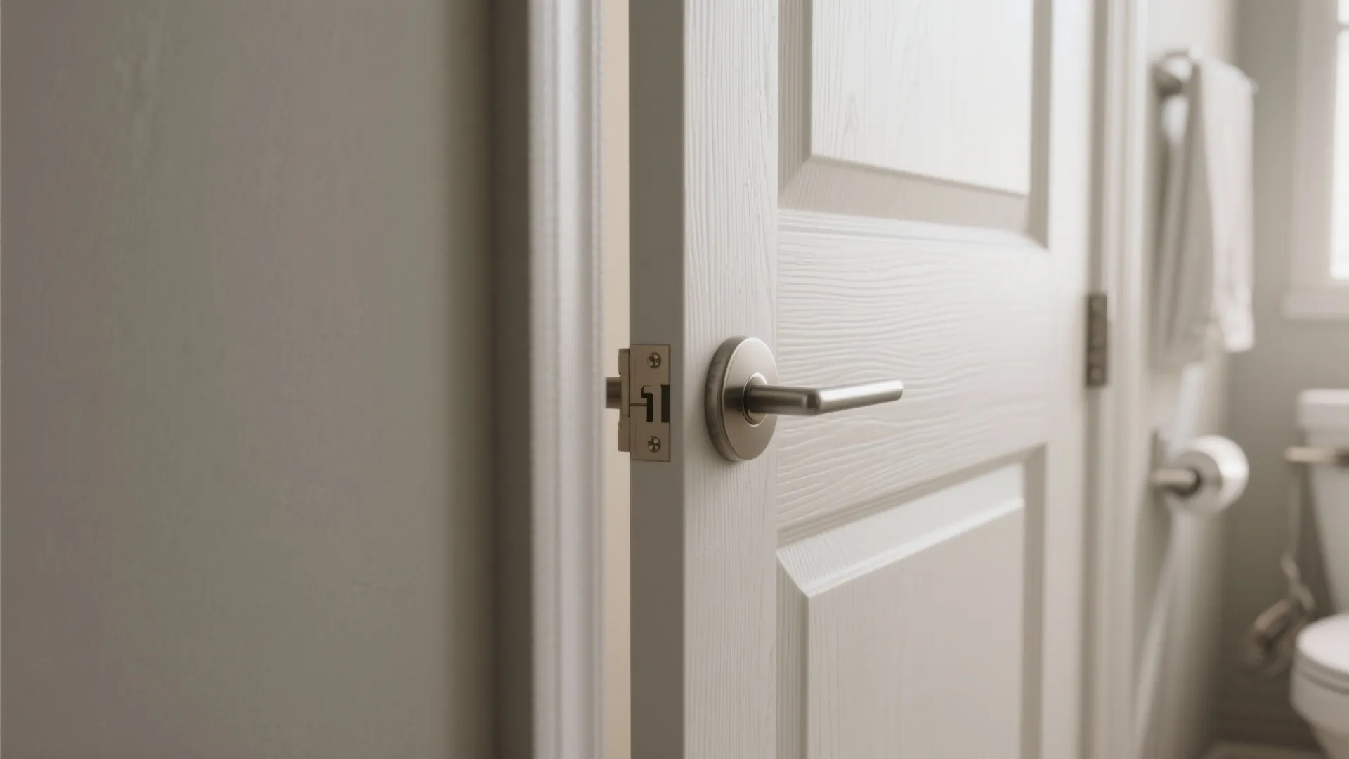 Close up of a white wooden bathroom door with a silver metal handle and latch