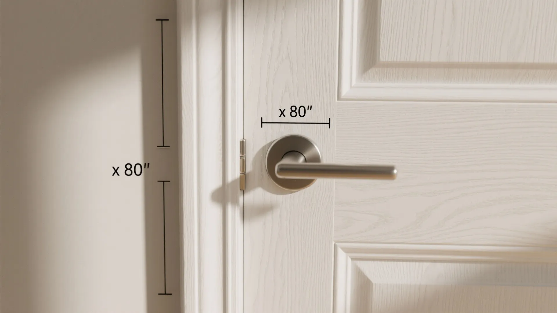 Close up view of white wooden door handle with measurement labels for height and width
