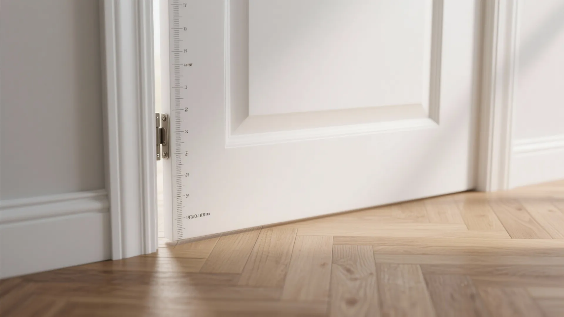 Close up of a white wood door with ruler marks showing measurements on wood floor