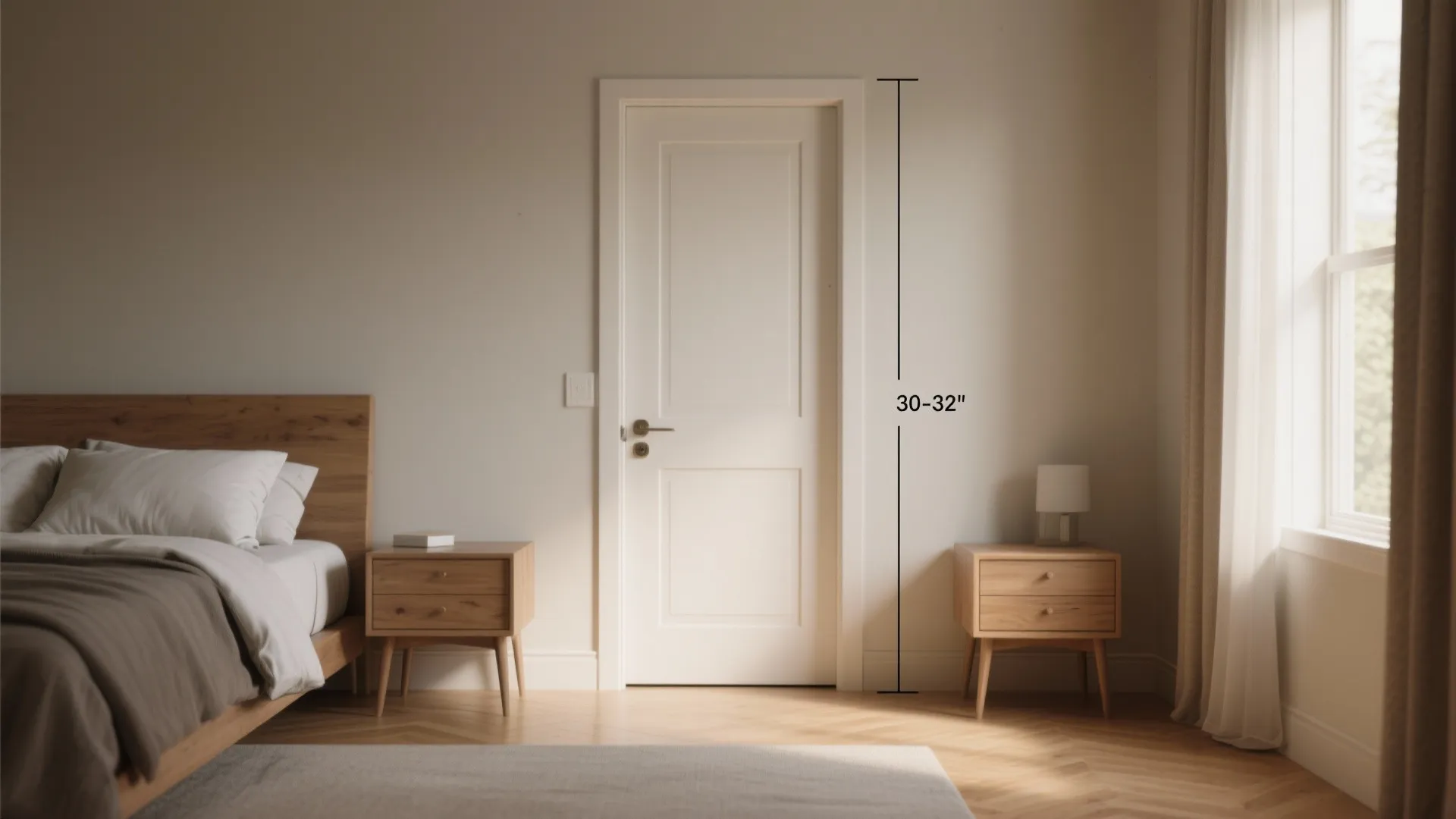Bedroom interior showing a white door with height measurement next to a wooden bedside table