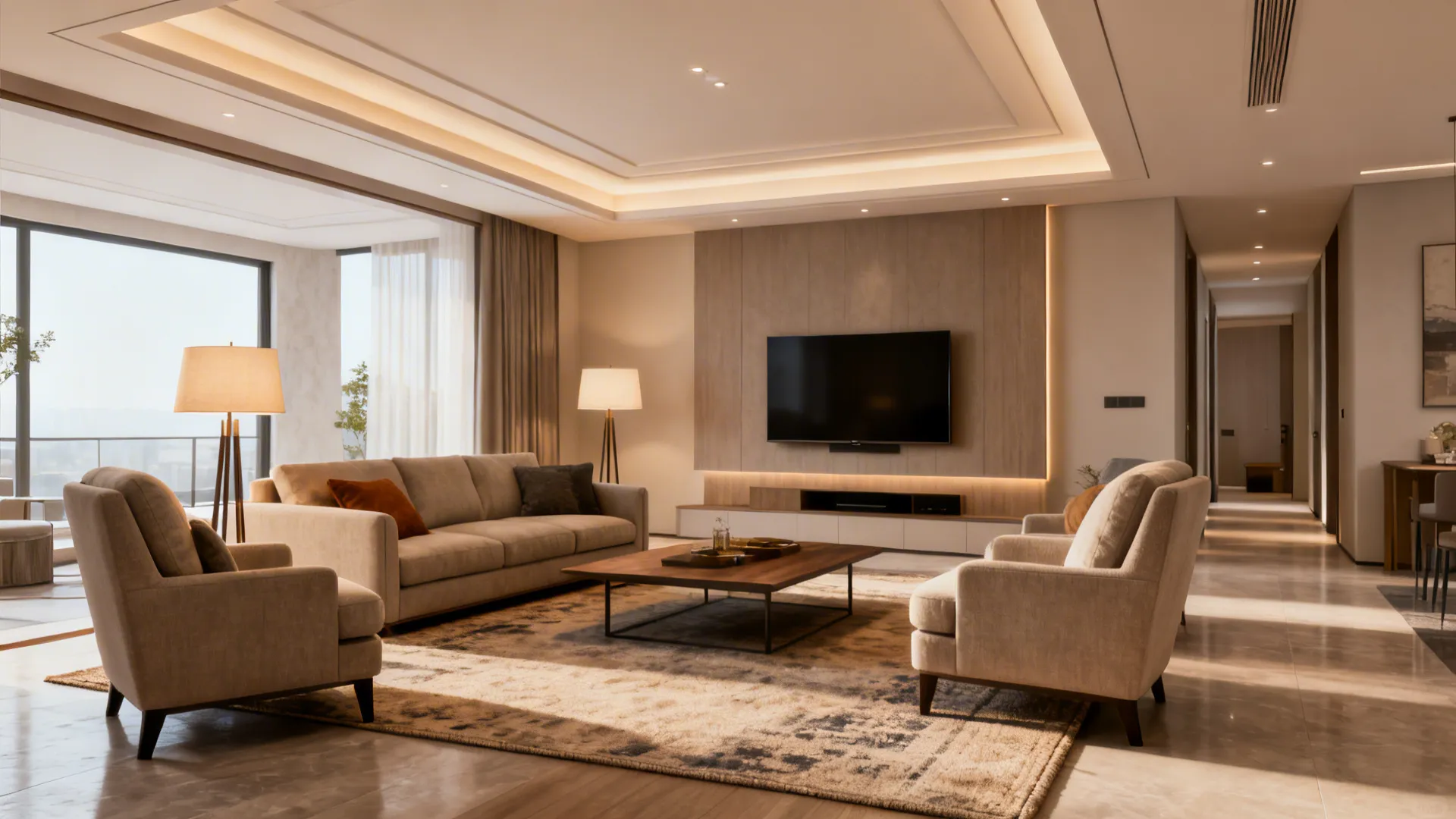 12x18 ft family living room with sofa, two chairs, coffee table and media wall, balanced layout