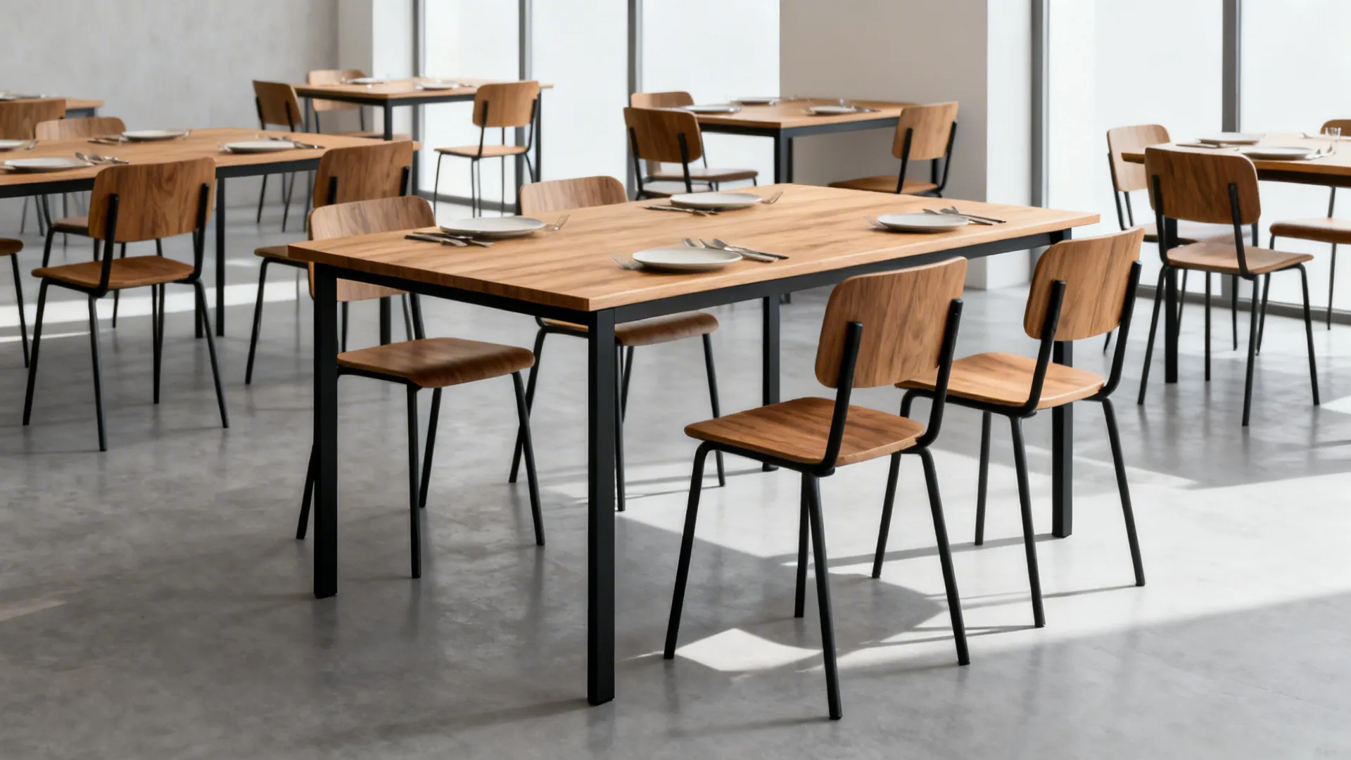 Large dining room with wooden tables, black metal legs, matching chairs, and bright natural sunlight