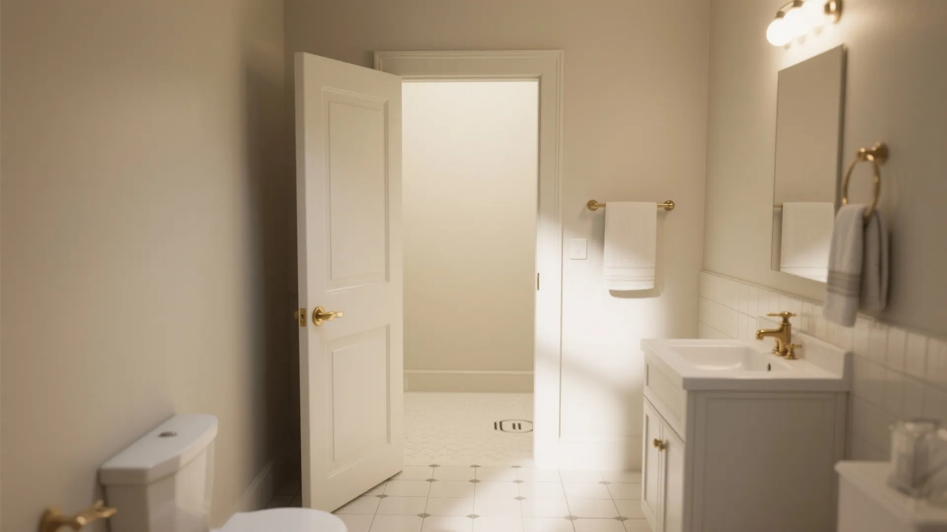 Small bathroom with a standard 30-inch hinged door showing swing space and vanity clearance.