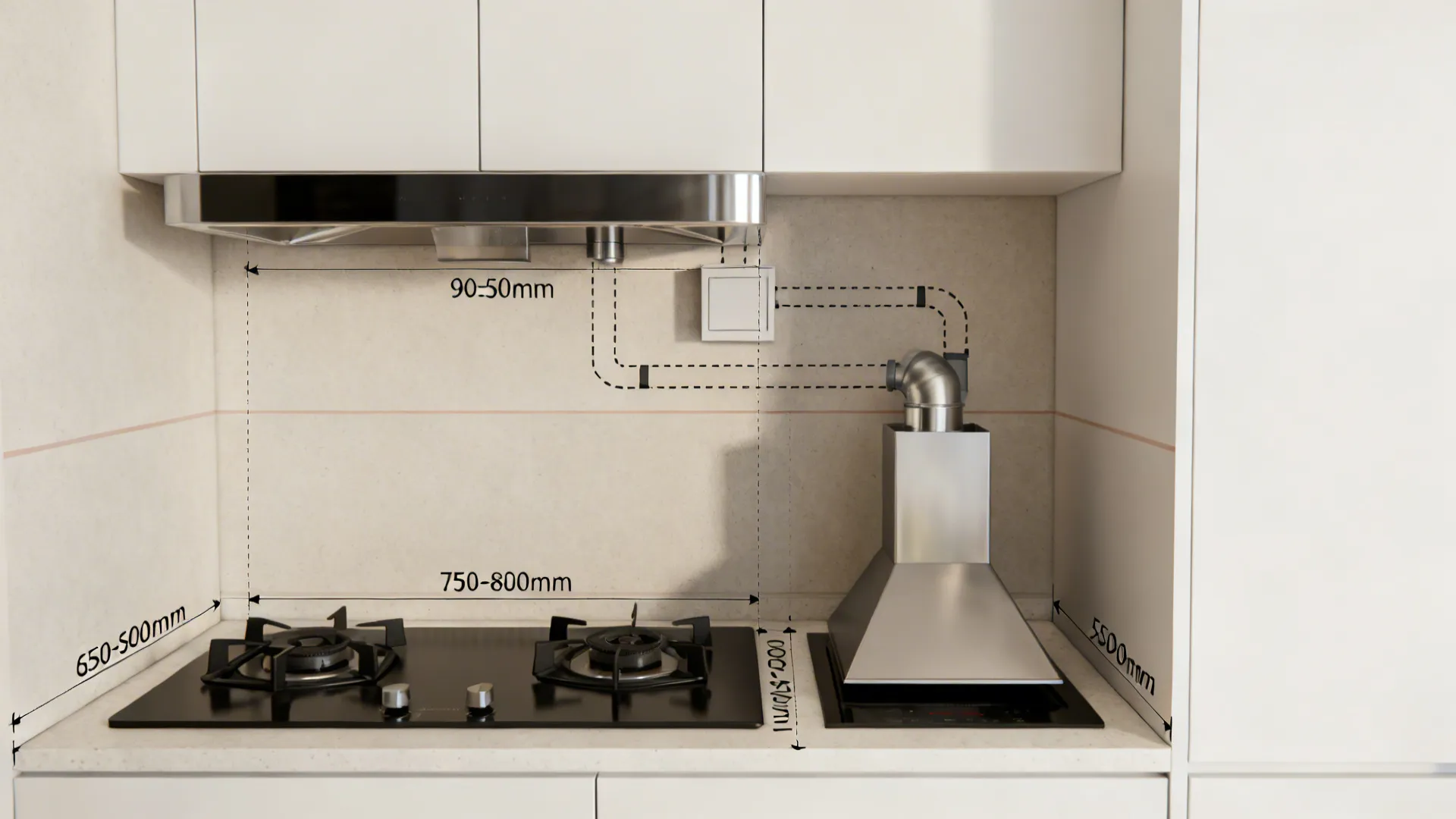 Elevation showing safe chimney heights above gas and induction with duct path indicated.