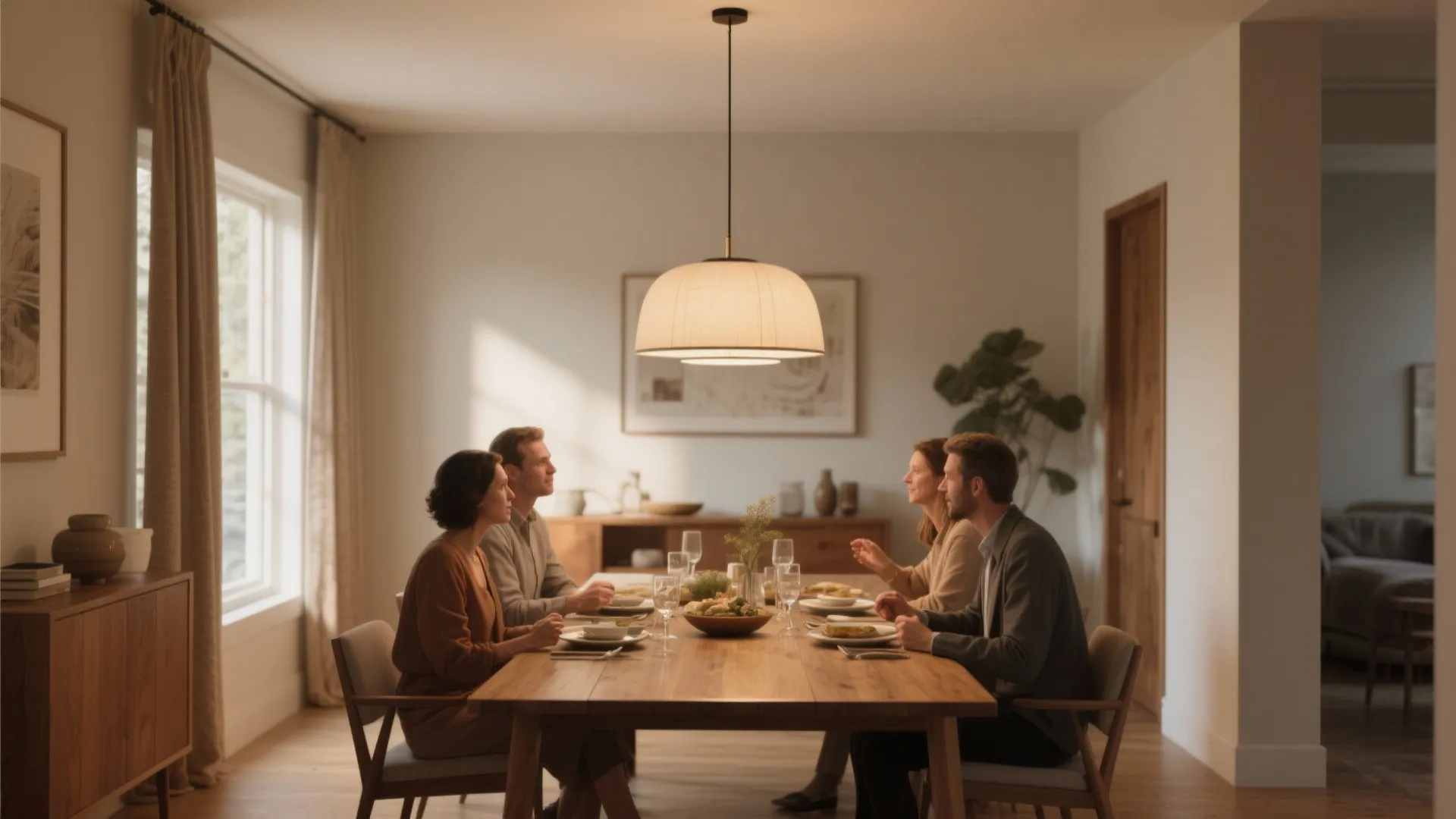Four people sitting at a wooden dining table under a large warm hanging ceiling light