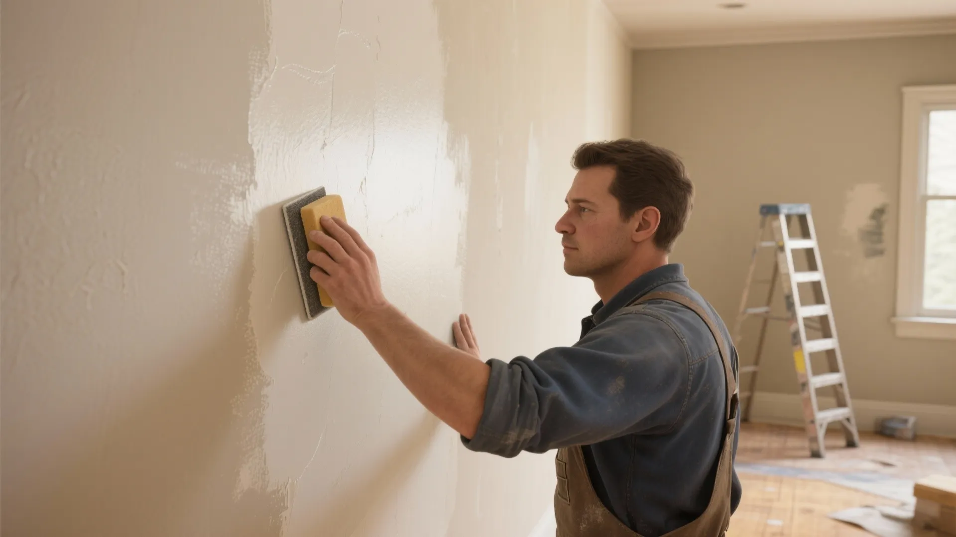 A professional painter using a hand sanding block to smooth a light colored room wall