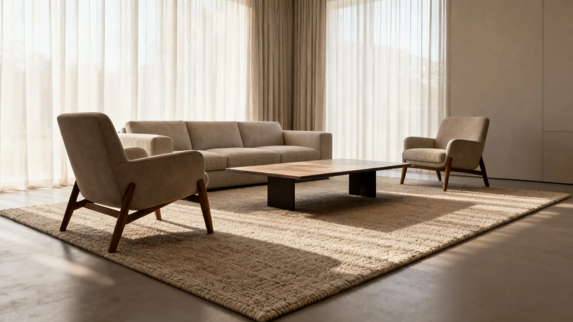 Standard living room with a 6x9 rug anchoring sofa and chairs