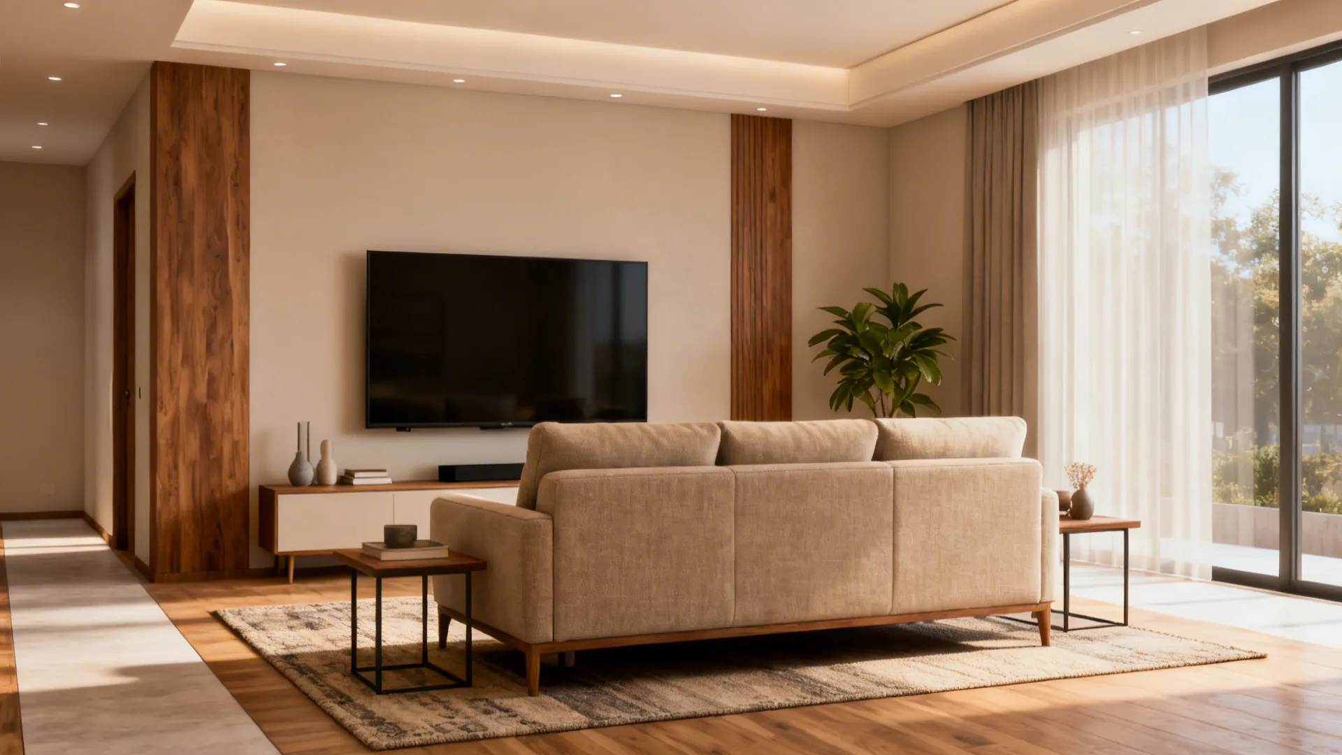 Medium living room with a standard three-seater sofa, side tables, and clear walkways.