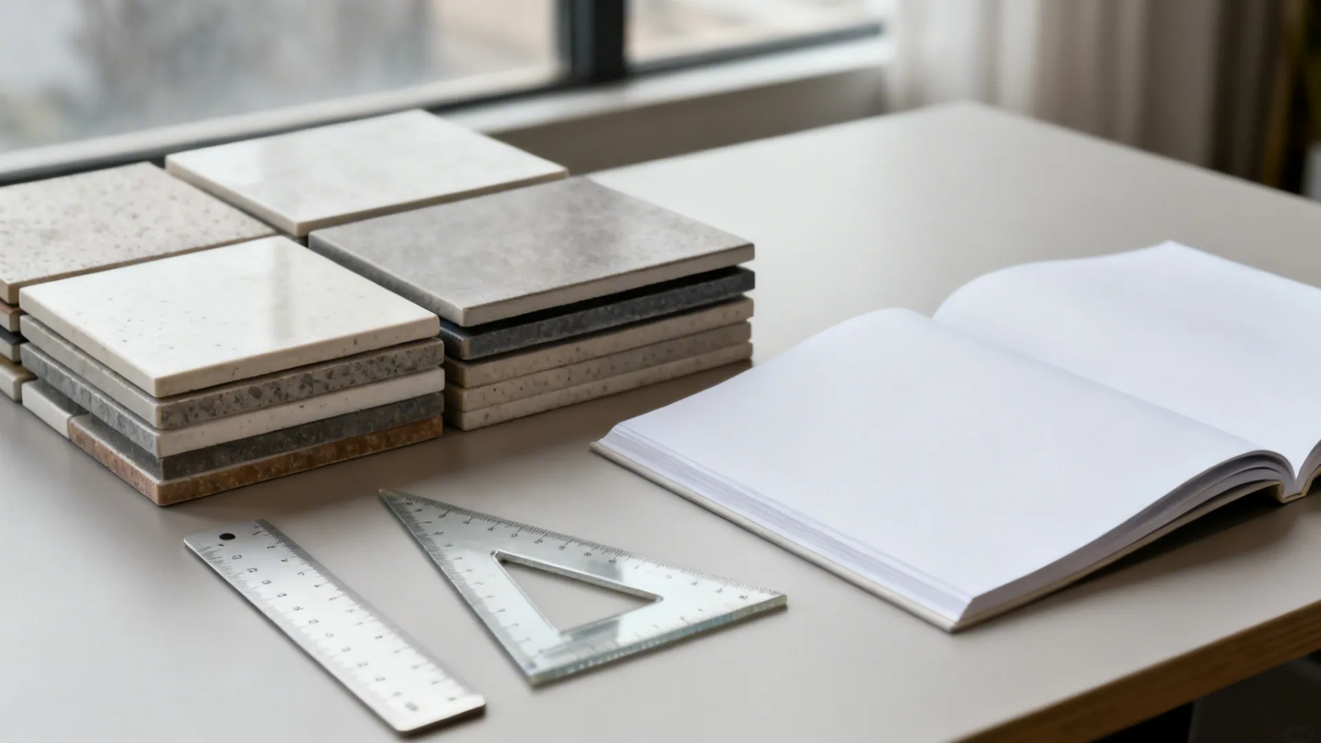 Still life of neutral tile samples with drafting tools on a desk.