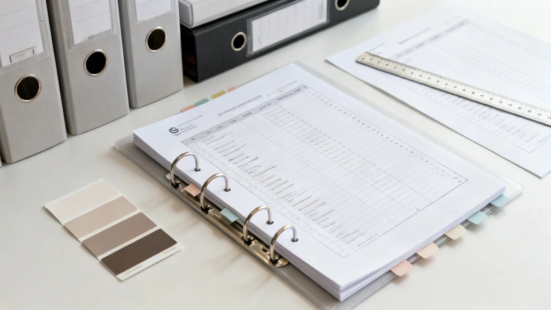 Flatlay of binders, printouts, and a scale ruler symbolizing kitchen planning standards and manuals.