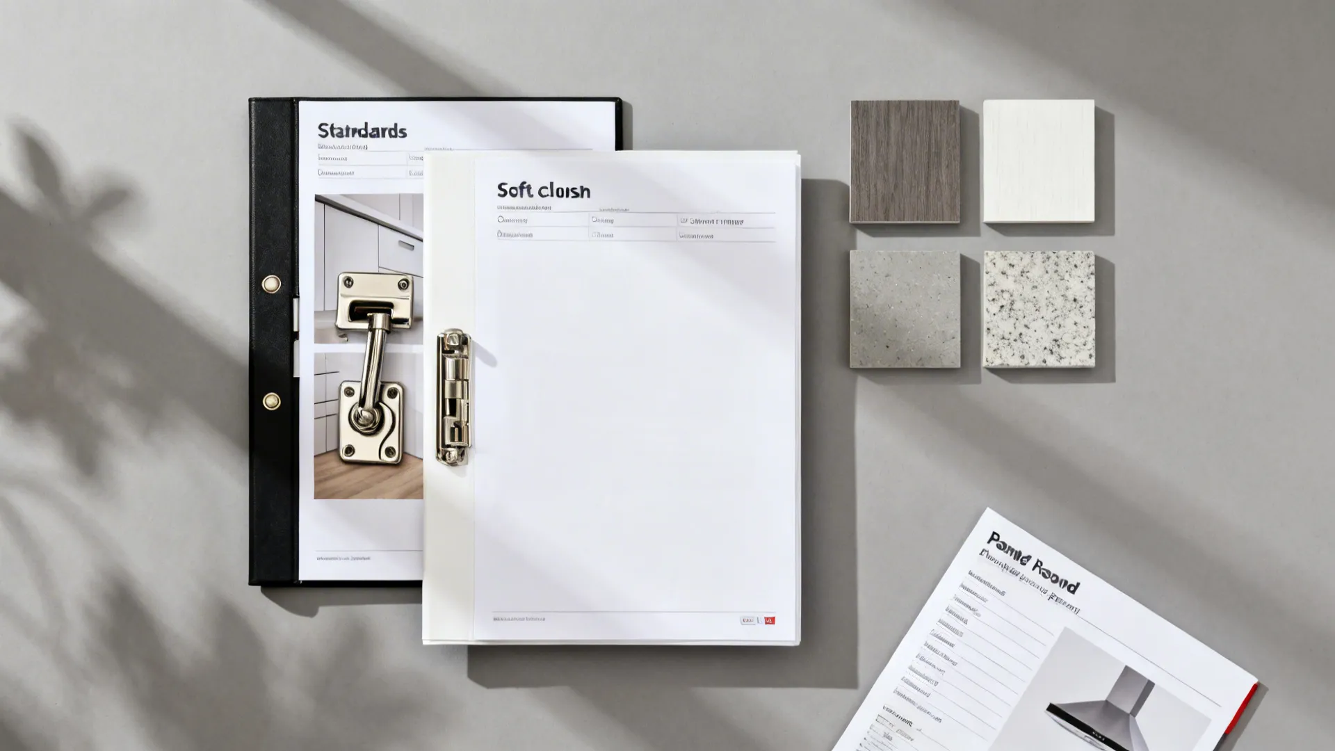 Flatlay of hardware samples, finish chips, and generic planning documents.