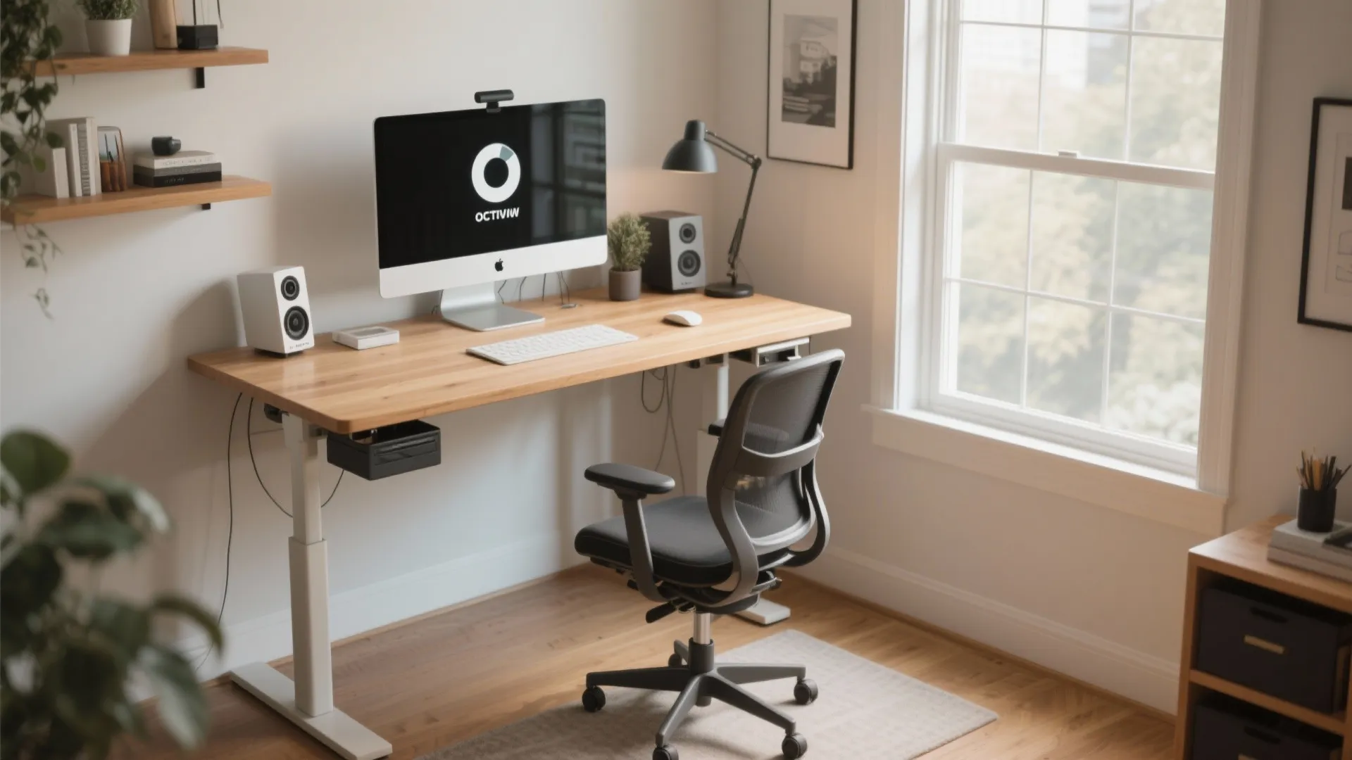 Modern standing desk with computer monitor black chair wood floor and large white frame window