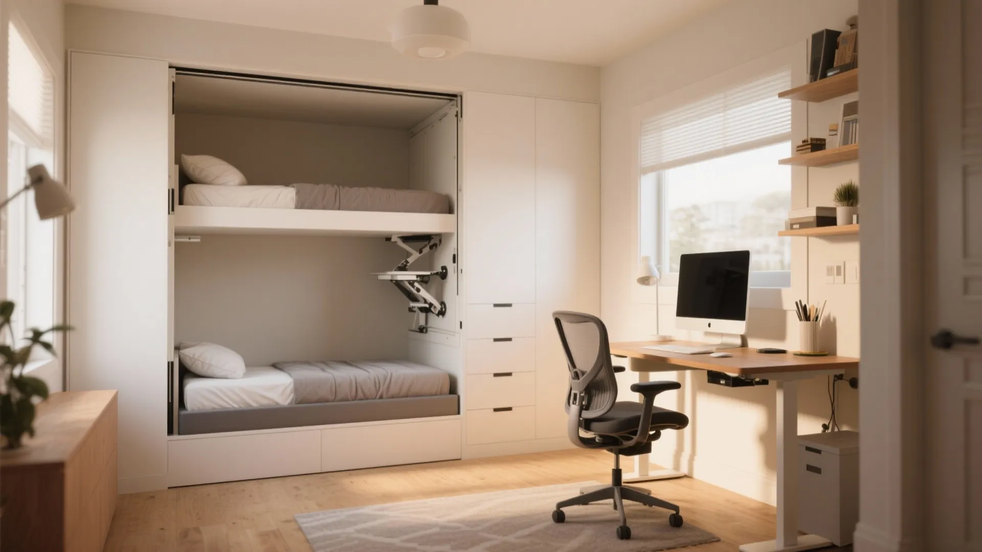 Modern home office with white cabinets featuring a bunk bed next to a standing desk
