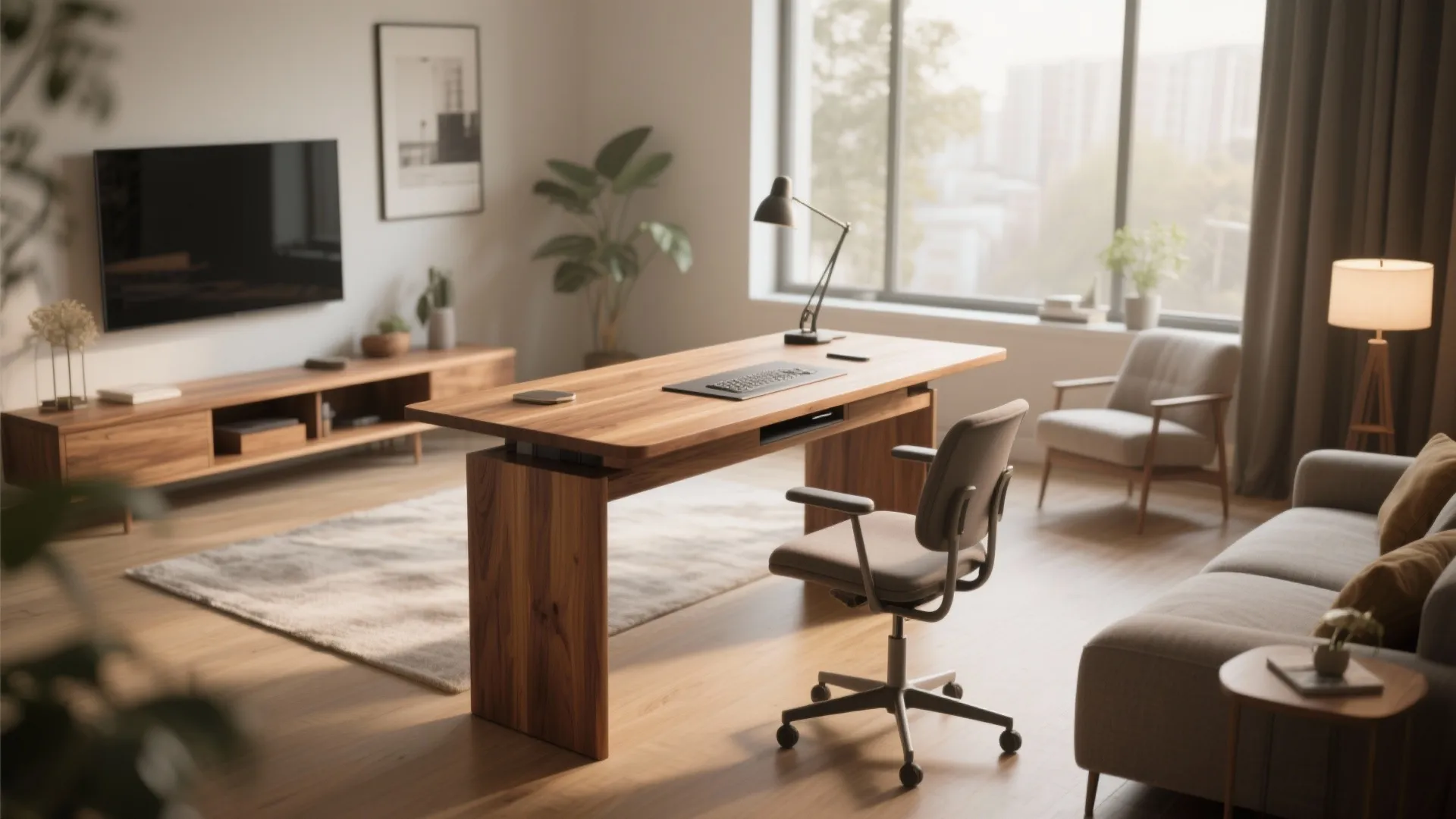 Wooden standing desk with office chair placed in living room next to a grey sofa