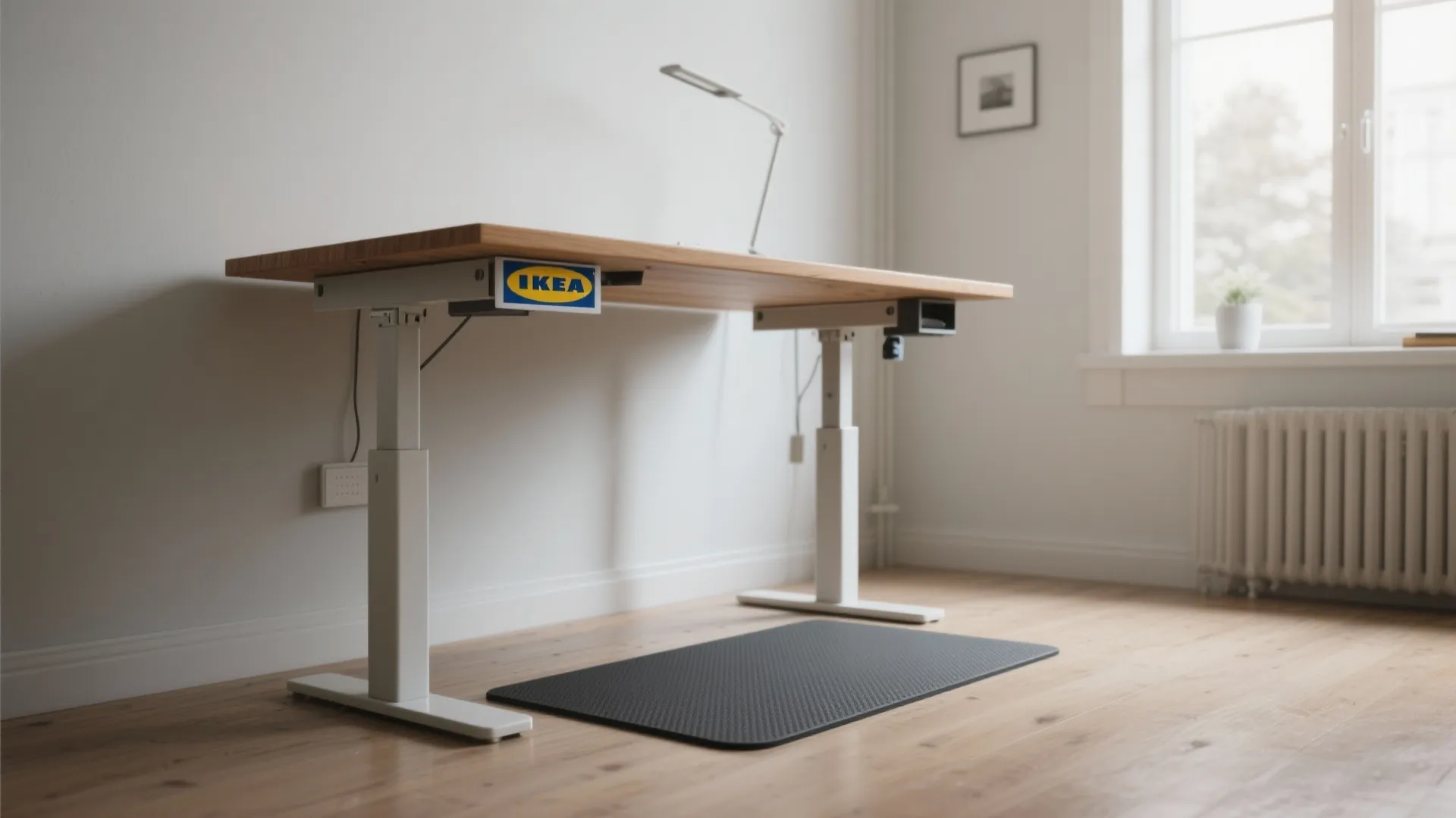 Height adjustable standing desk with wooden top white legs floor mat and lamp in empty room
