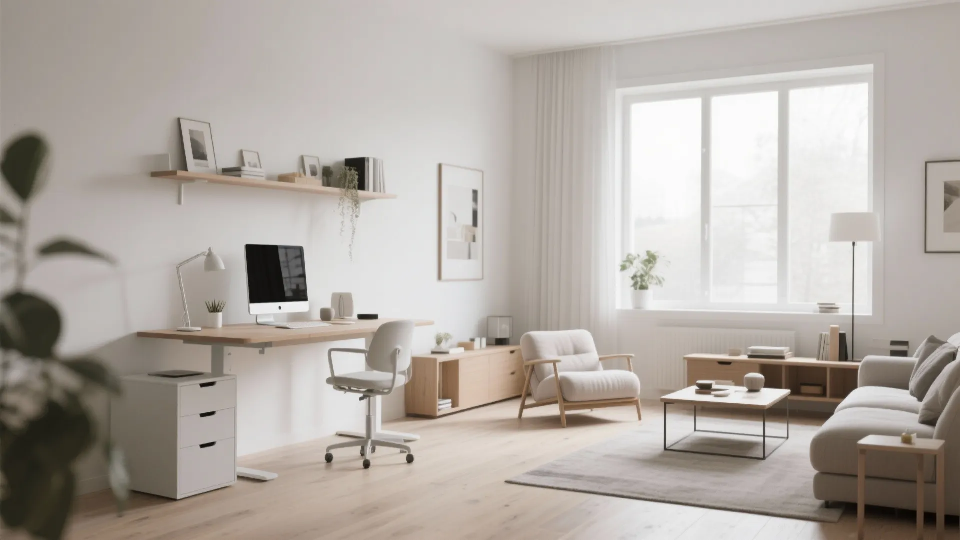 Standing desk and lounge chairs in an integrated living space