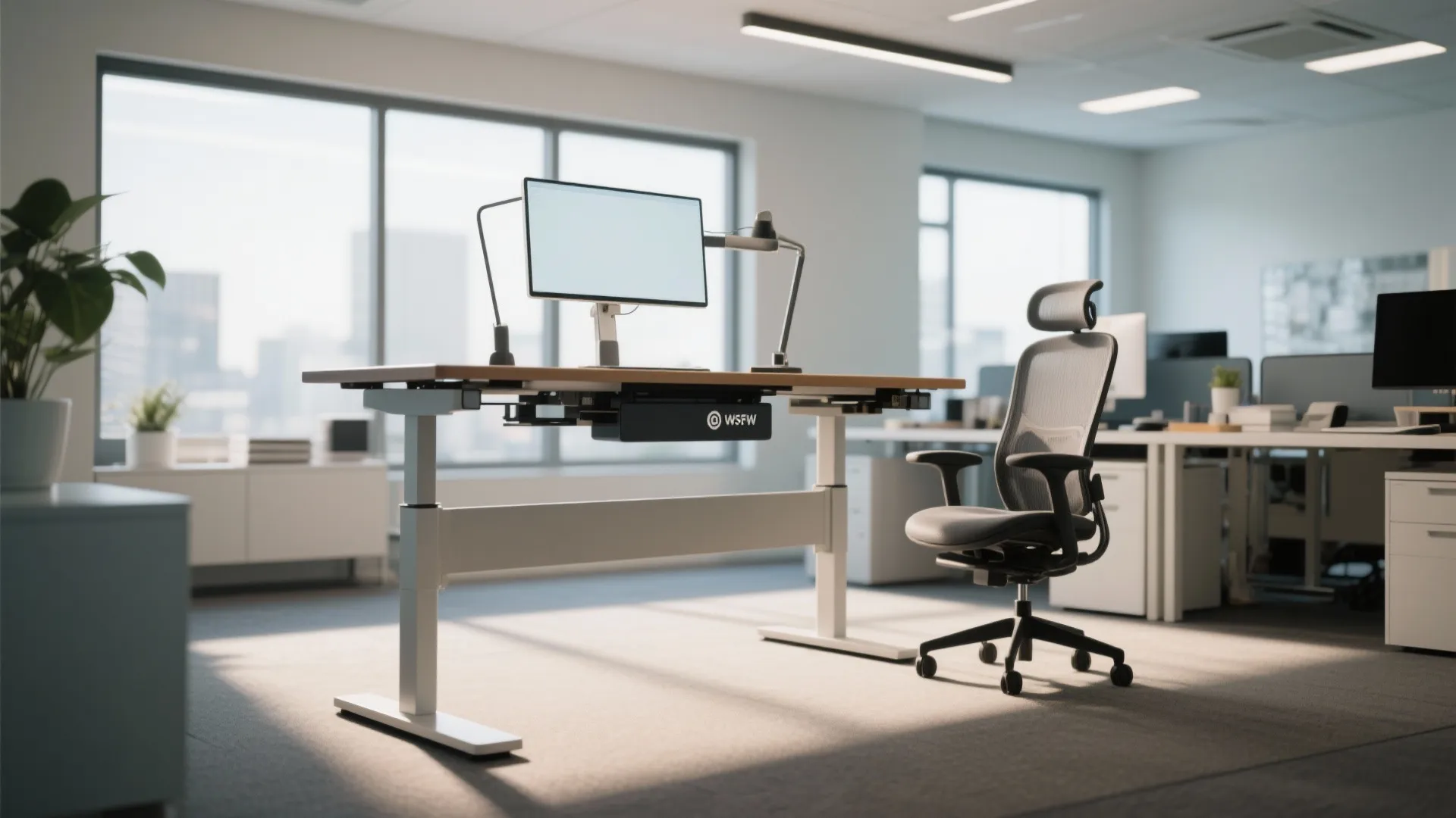 Modern office interior with adjustable standing desk, ergonomic chair, computer monitor, and large glass windows