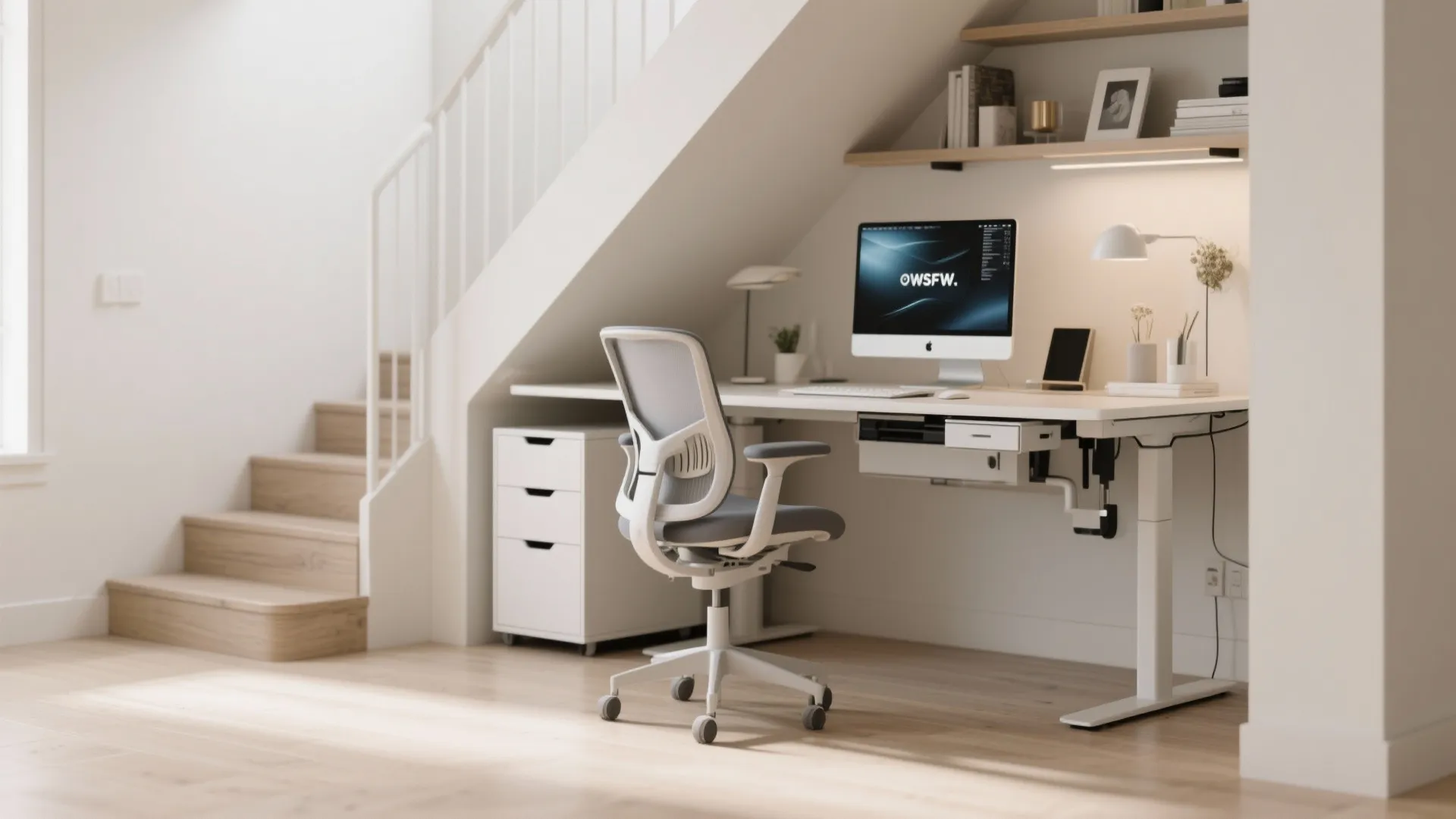 Minimalist white home office under stairs featuring adjustable standing desk computer white chair and shelves