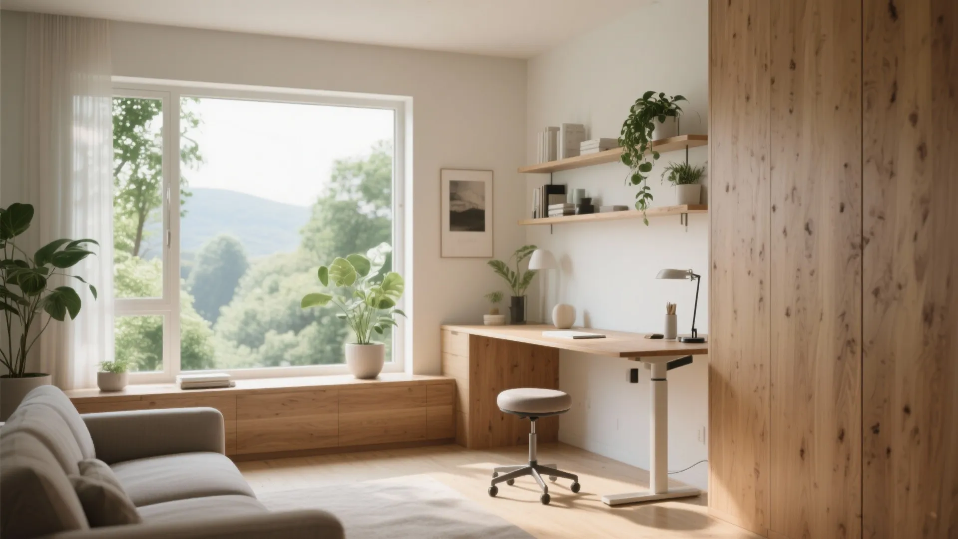 Bright home office with wooden adjustable desk large window plants and wall shelves with books