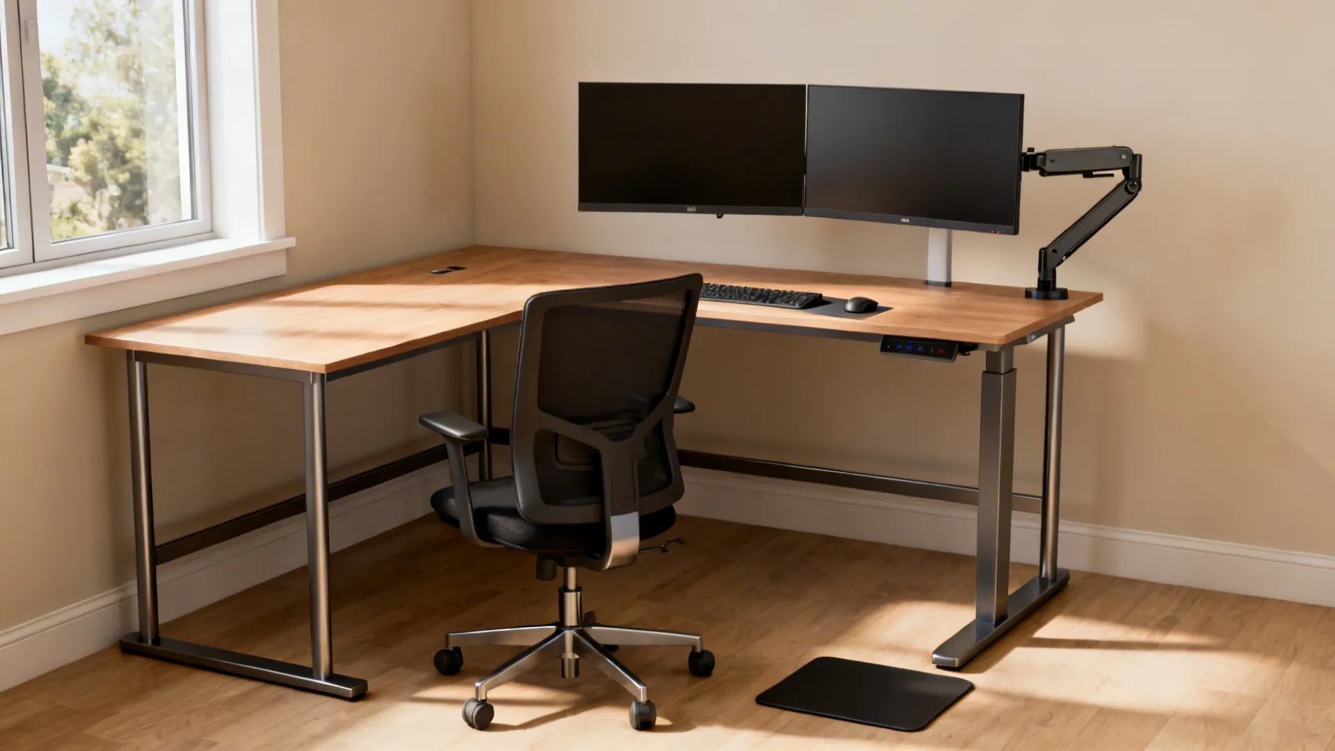 L-shaped desk with a seated side and a raised standing station, adjustable monitor arm and mat.