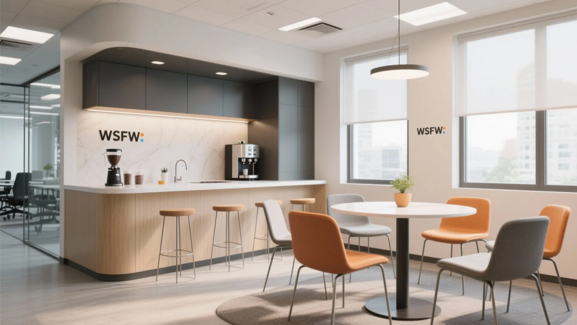 Modern office breakroom featuring coffee bar wood counter round table with orange and grey chairs