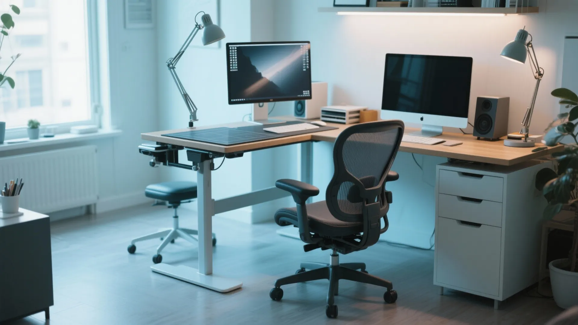 L-shaped desk with one standing and one sitting height section